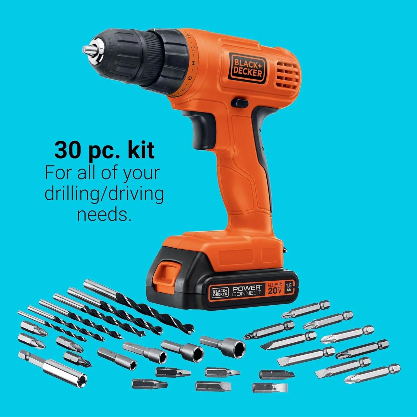 BLACK+DECKER 20V MAX POWERCONNECT Power Drill Cordless Drill Driver Electric Screwdriver with 30 Piece Bit Set and Drivers Kit, Battery and Charger Included (LD120VA)