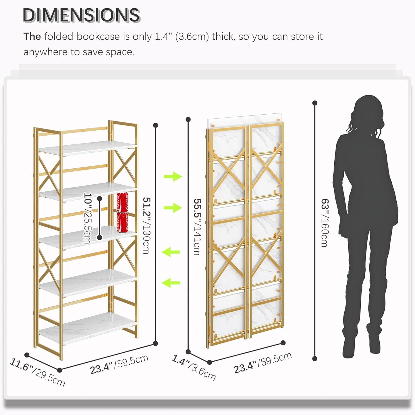 5 Tiers No Assembly Book Shelves 51.2" H Folding Bookshelf Bookcase