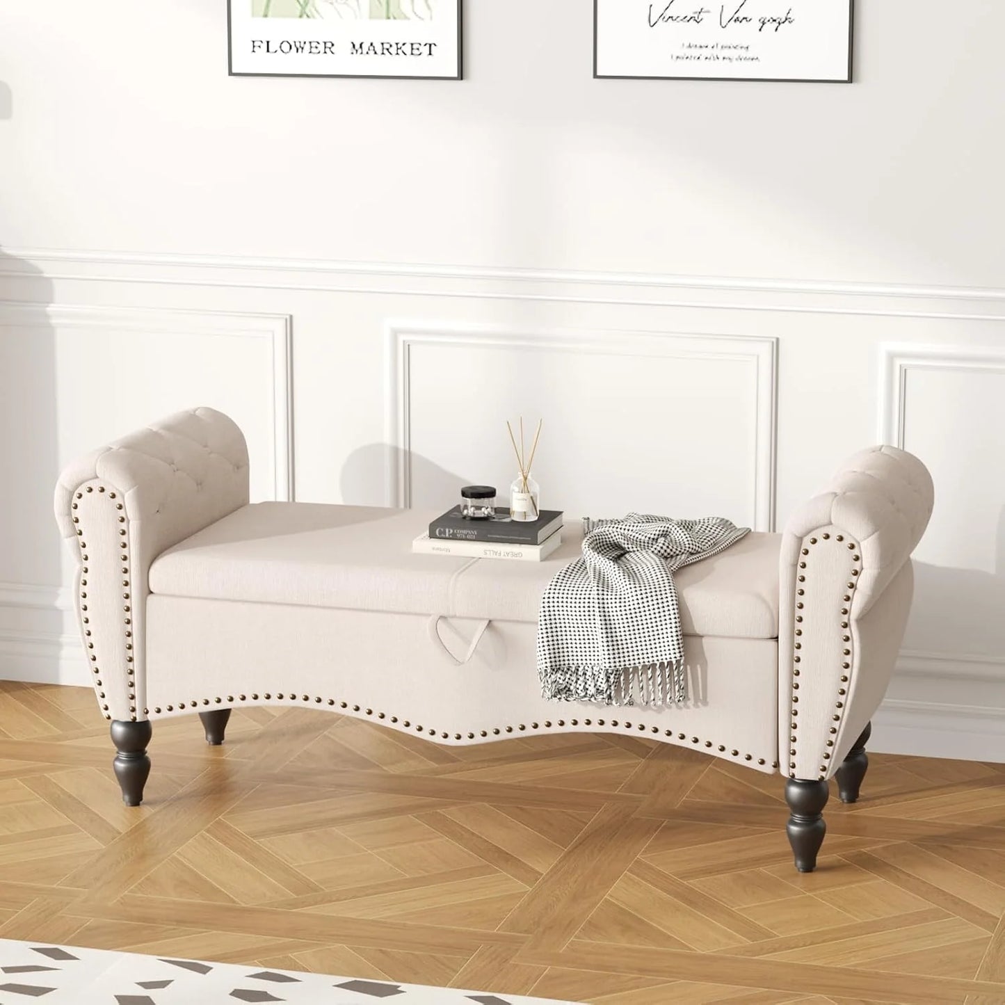 Furniliving Modern Storage Ottoman Bench, Sherpa Ottoman End of Bed Bench with Solid Wood Legs Upholstered Ottoman Benches with Storage Indoor Bench