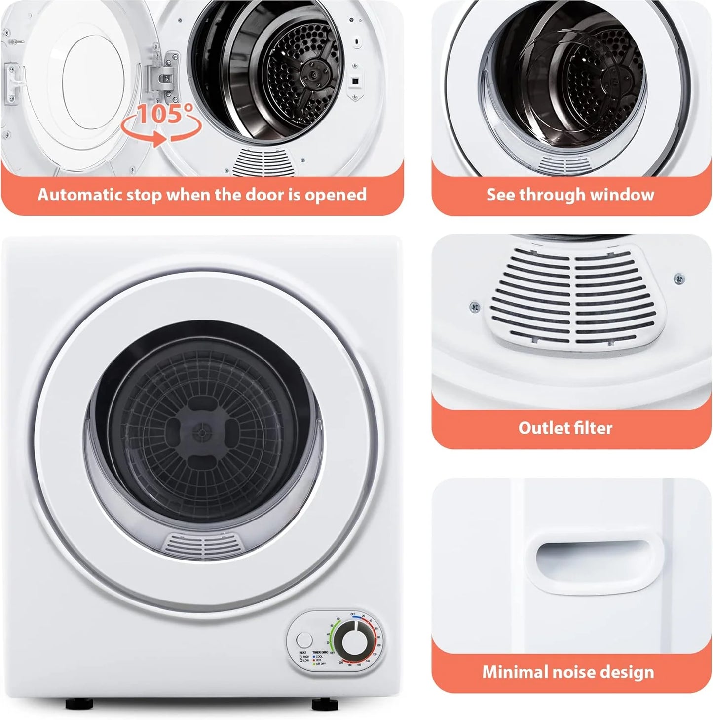 Compact Laundry Dryer, 3.5 cu ft Front Load Stainless Steel Clothes Dryers With Exhaust Pipe, 1500W, LCD Control Panel Four-Function Portable Dryer For Apartments, Home, Dorm, White