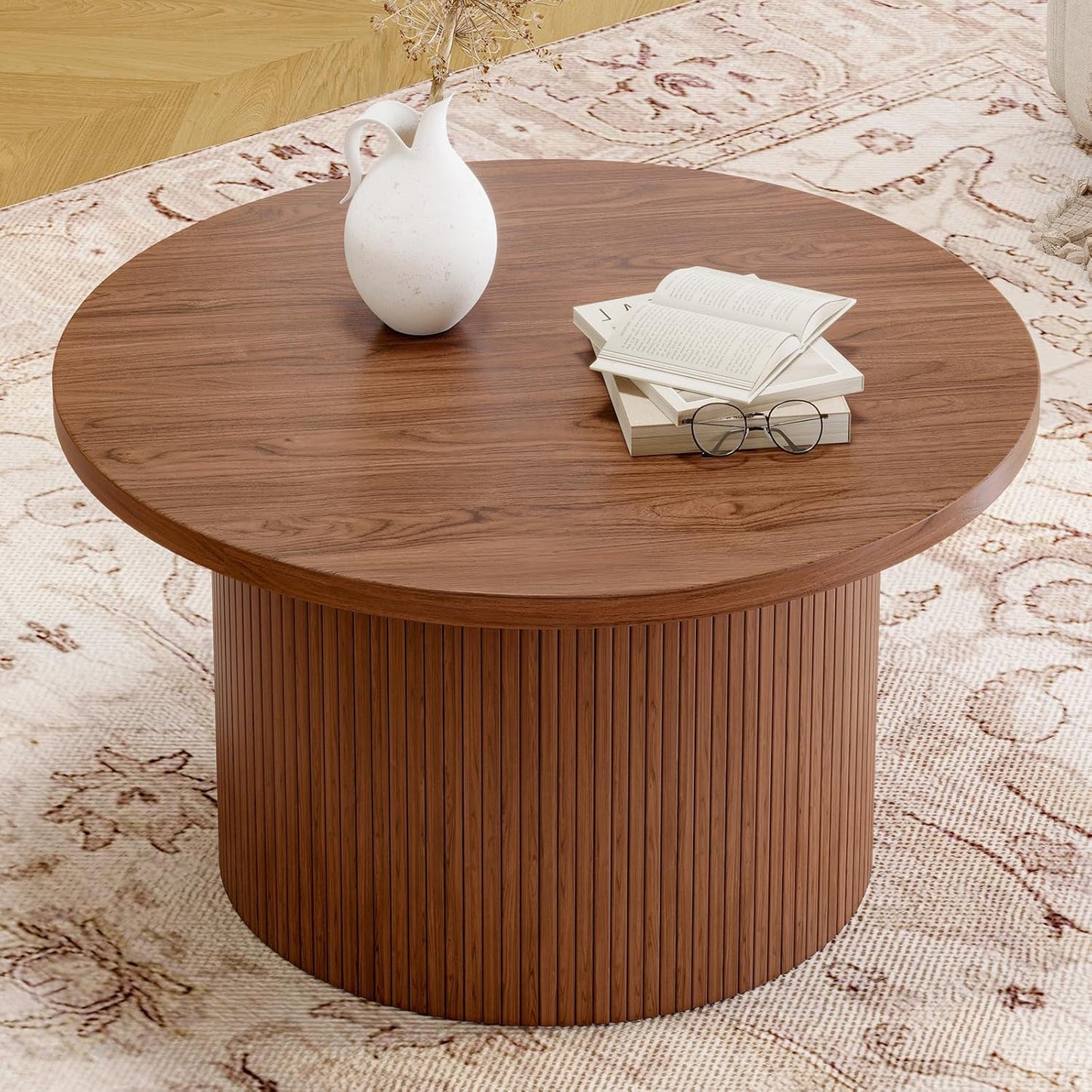 31.5 inch round coffee table, living room roll-up coffee table, mid-century modern wood coffee table
