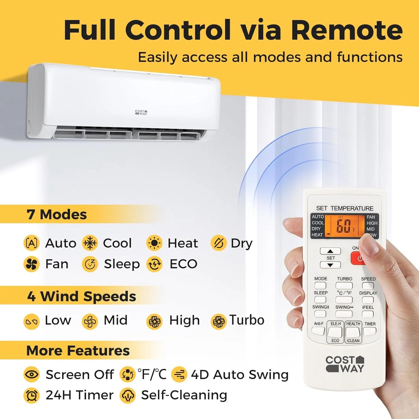 COSTWAY 12000BTU Mini Split Air Conditioner& Heater, 20 SEER2 115V Wall-Mounted Ductless AC Unit Cools Rooms up to 750 Sq. Ft, Energy Efficient Inverter AC with Heat Pump (Blast Series)