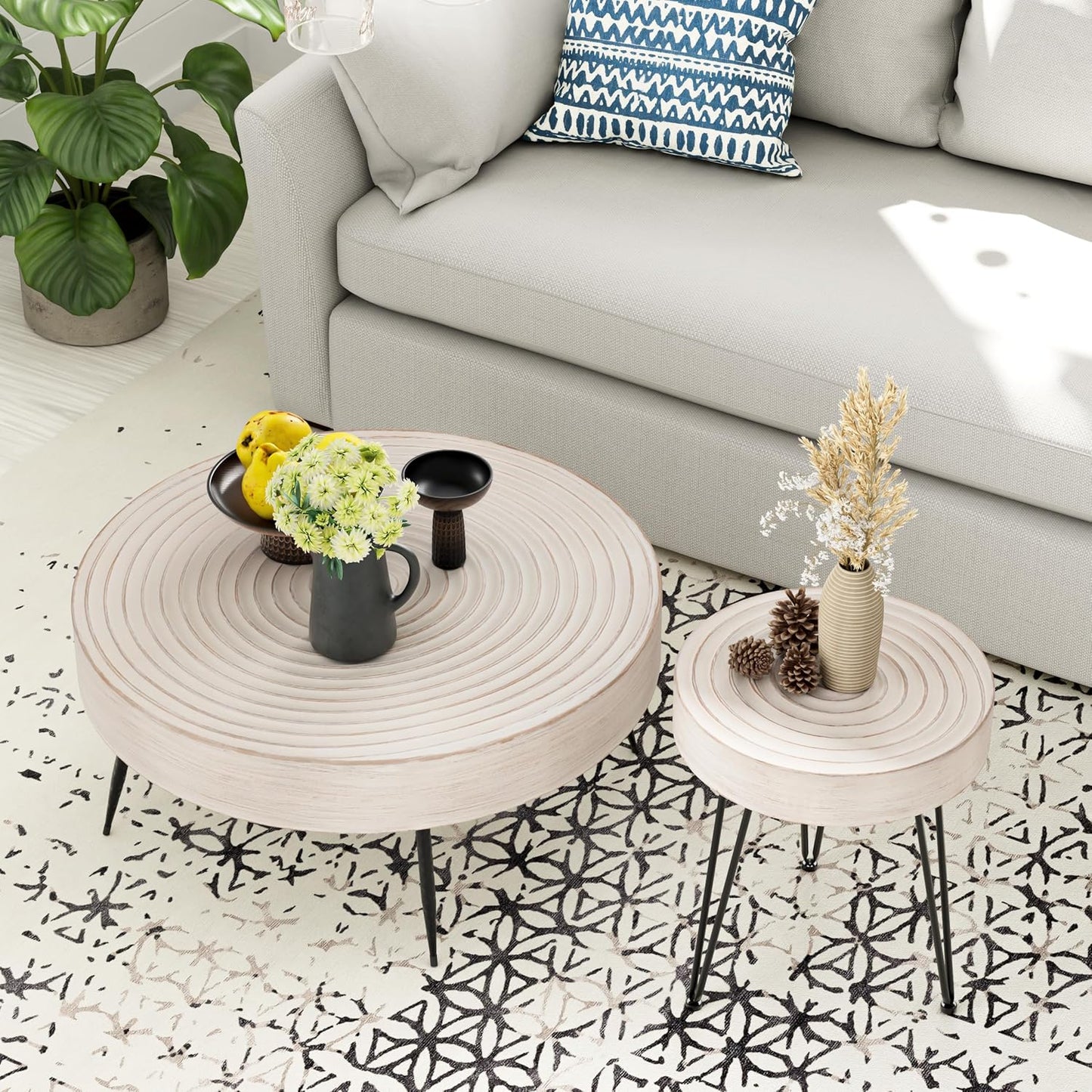 Two-Piece Modern Farmhouse Living Room Coffee Table Set, Round Nesting Tables