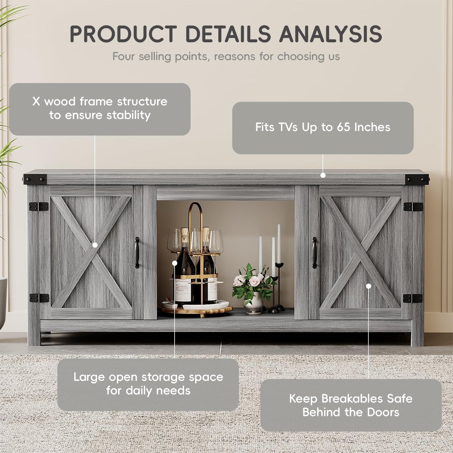 YESHOMY Fireplace TV Stand with Two Barn Doors and Storage Cabinets for Televisions up to 65+ Inch, Entertainment Center Console Table, Media Furniture for Living Room, 58 Inch
