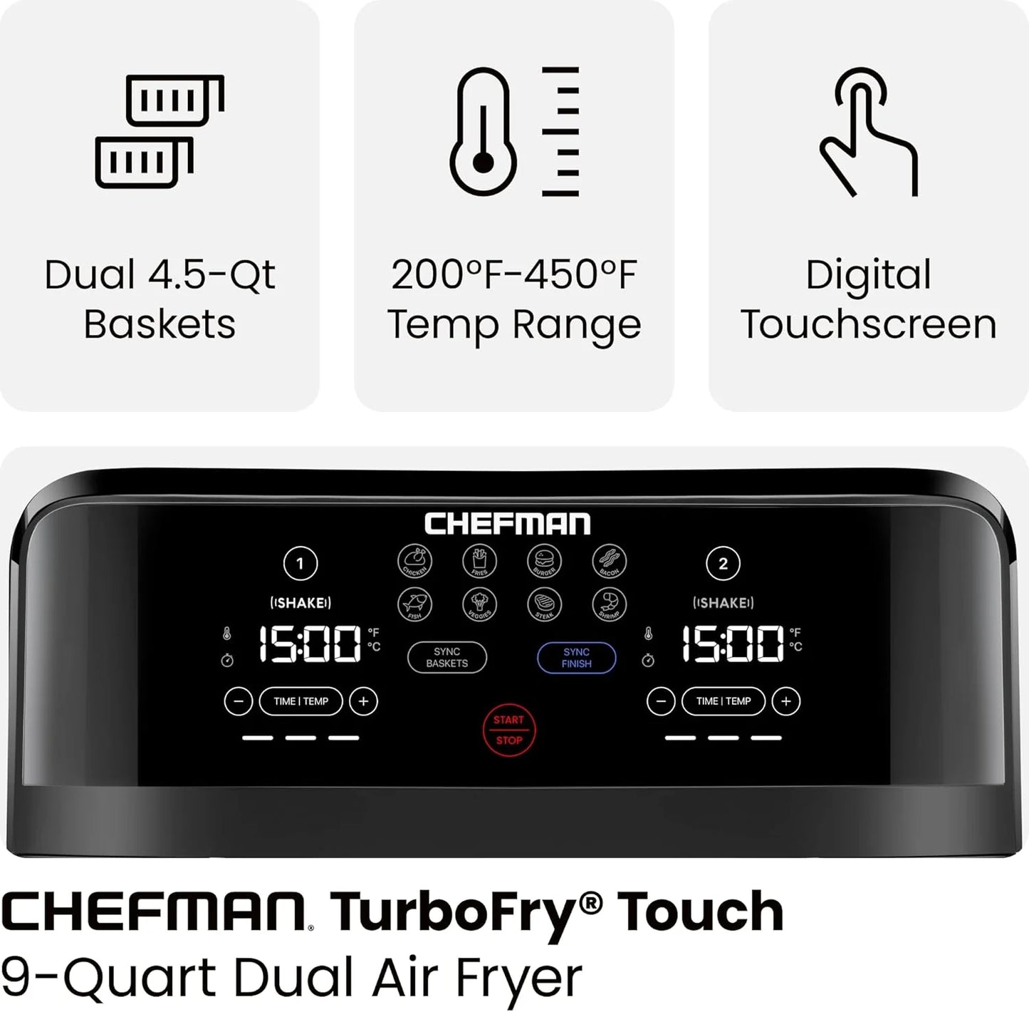 Chefman 6-Quart Dual Basket Air Fryer - Digital Touchscreen, Smart Sync Finish, High-Frying, Auto-Off, 2 Independent 3-Quart Nonstick Pans, Dishwasher-Safe Baskets