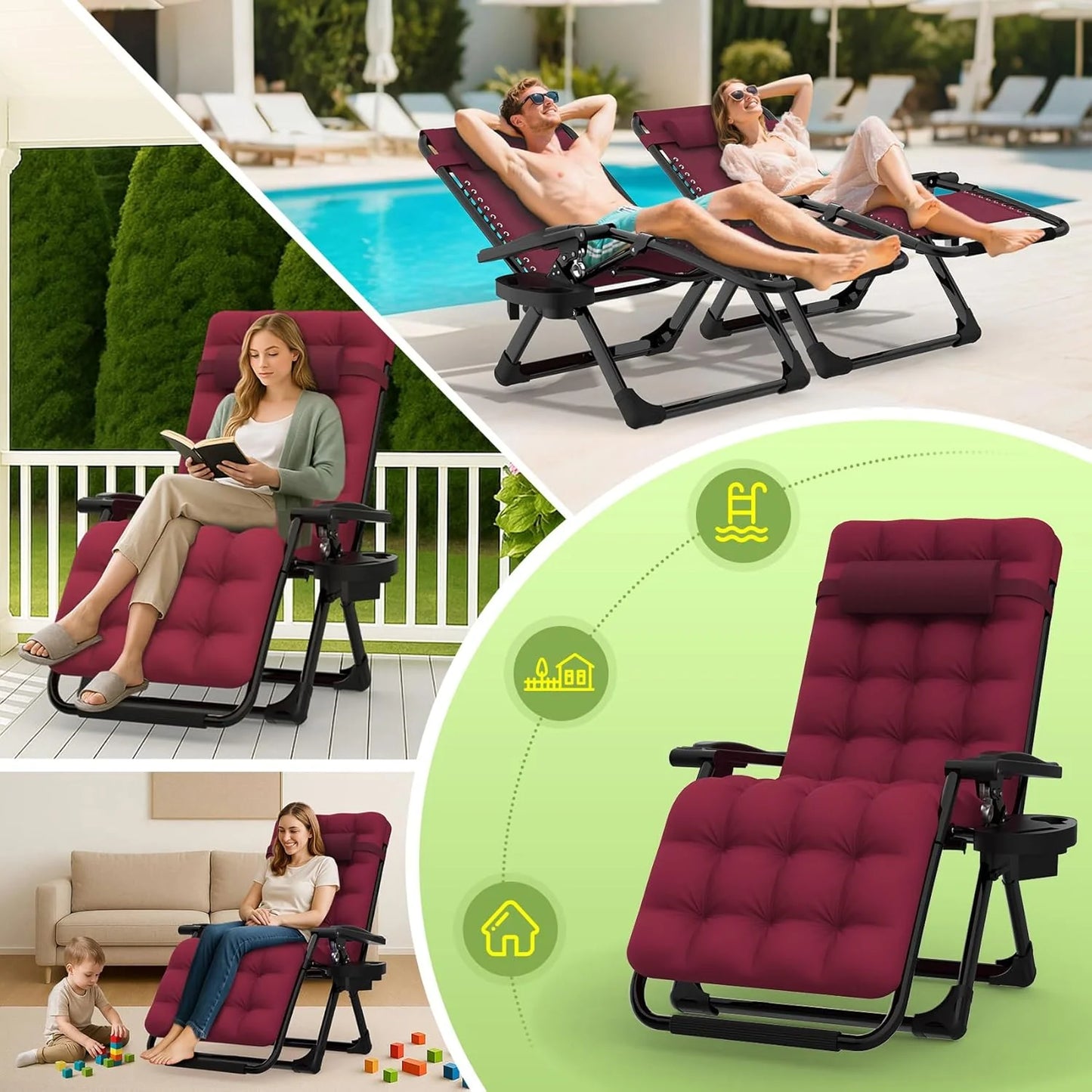 Indoor and outdoor patio chair folding lounge chair zero gravity chair with removable cushion camping lounge chair