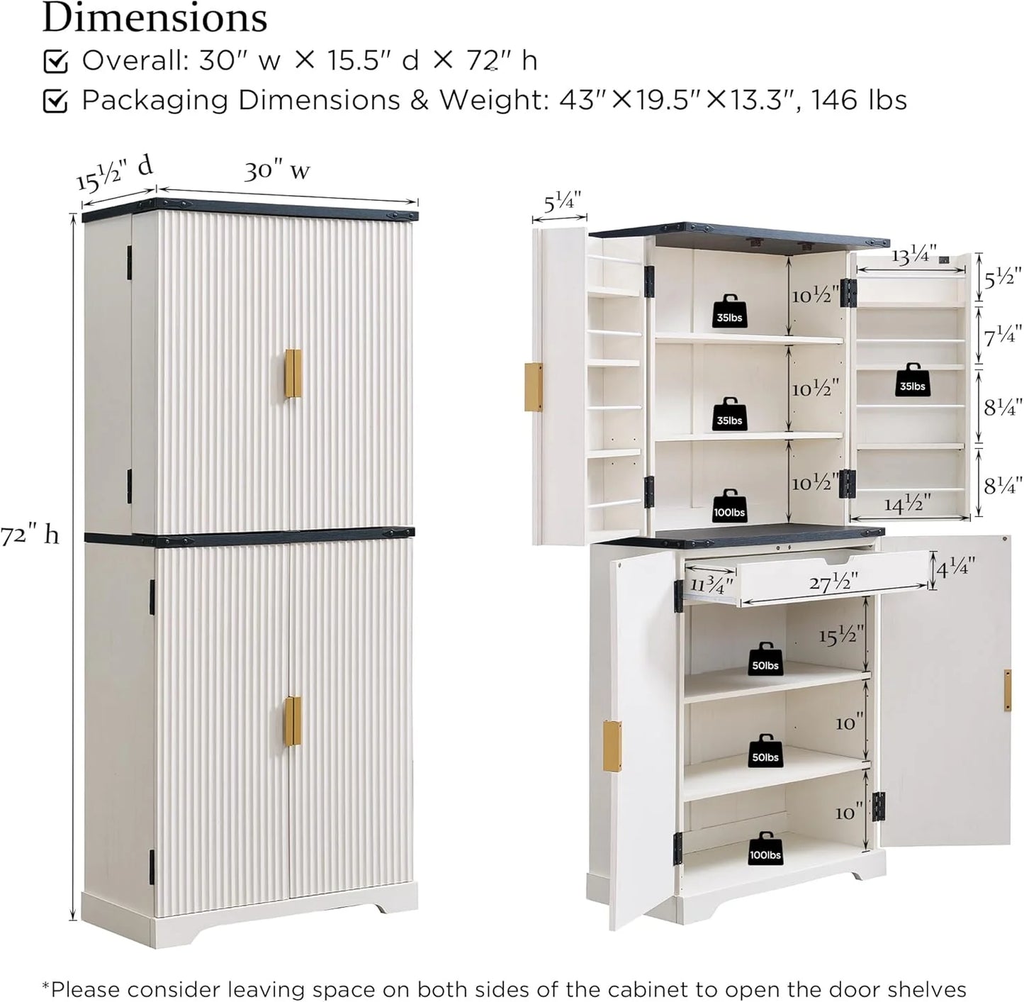 Fluted Pantry Cabinet, 72" Tall Modern Storage Cabinet with 4 Doors, Organizer, Drawer and Adjustable Shelves, Wood Cupboard
