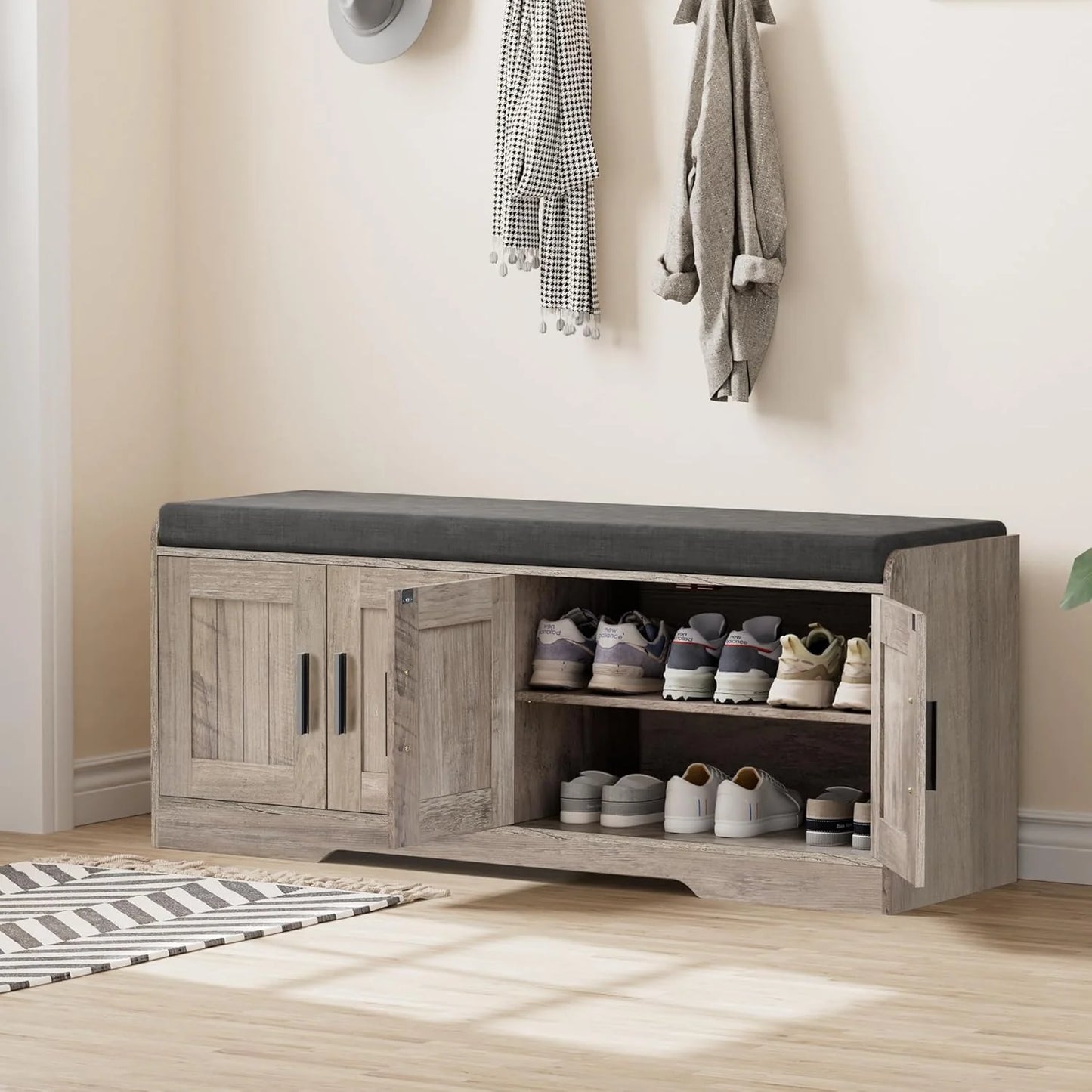 2-Tier Storage Bench, Shoe Bench with Thickened Padded Seat Cushion, Entryway Bench with 4 Doors, Adjustable Shelf