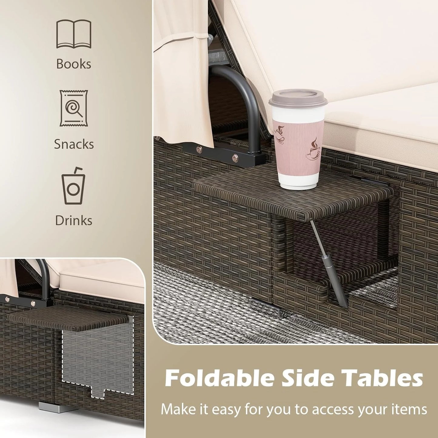 RELAX4LIFE Outdoor Daybed with Retractable Canopy - Wicker Double Chaise Lounge w/6-Position Backrest, 2 Folding Side Trays & Cushions, 2-Seater Loveseat Sunbed for Backyard, Rattan Patio Bed Lounger