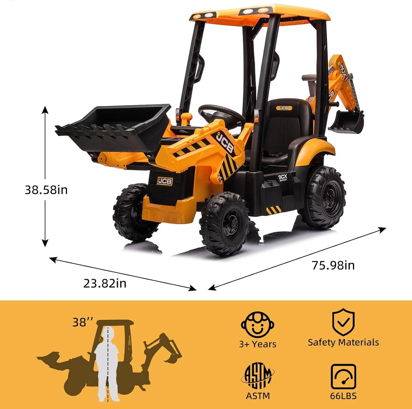 12V JCB Ride On Excavator, Ride on Toys for Kids 4-8, Electric Car for Kids with Tractor, Bulldozer, Digging Arm, Backhoe Toy Car with Slow Start/Stop, Adjustable Speeds
