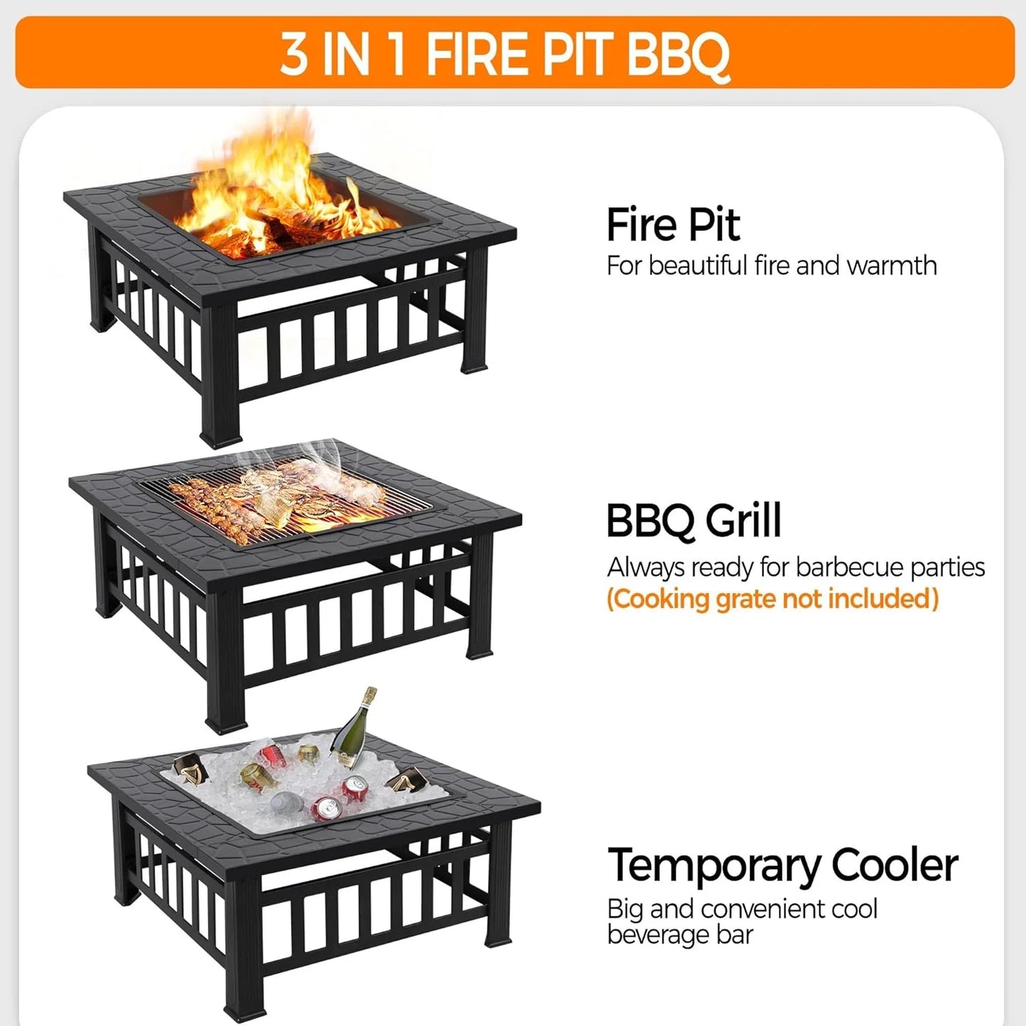 Yaheetech Multifunctional Fire Pit Table 32in Square Metal Firepit Stove Backyard Patio Garden Fireplace for Camping, Outdoor Heating, Bonfire and Picnic