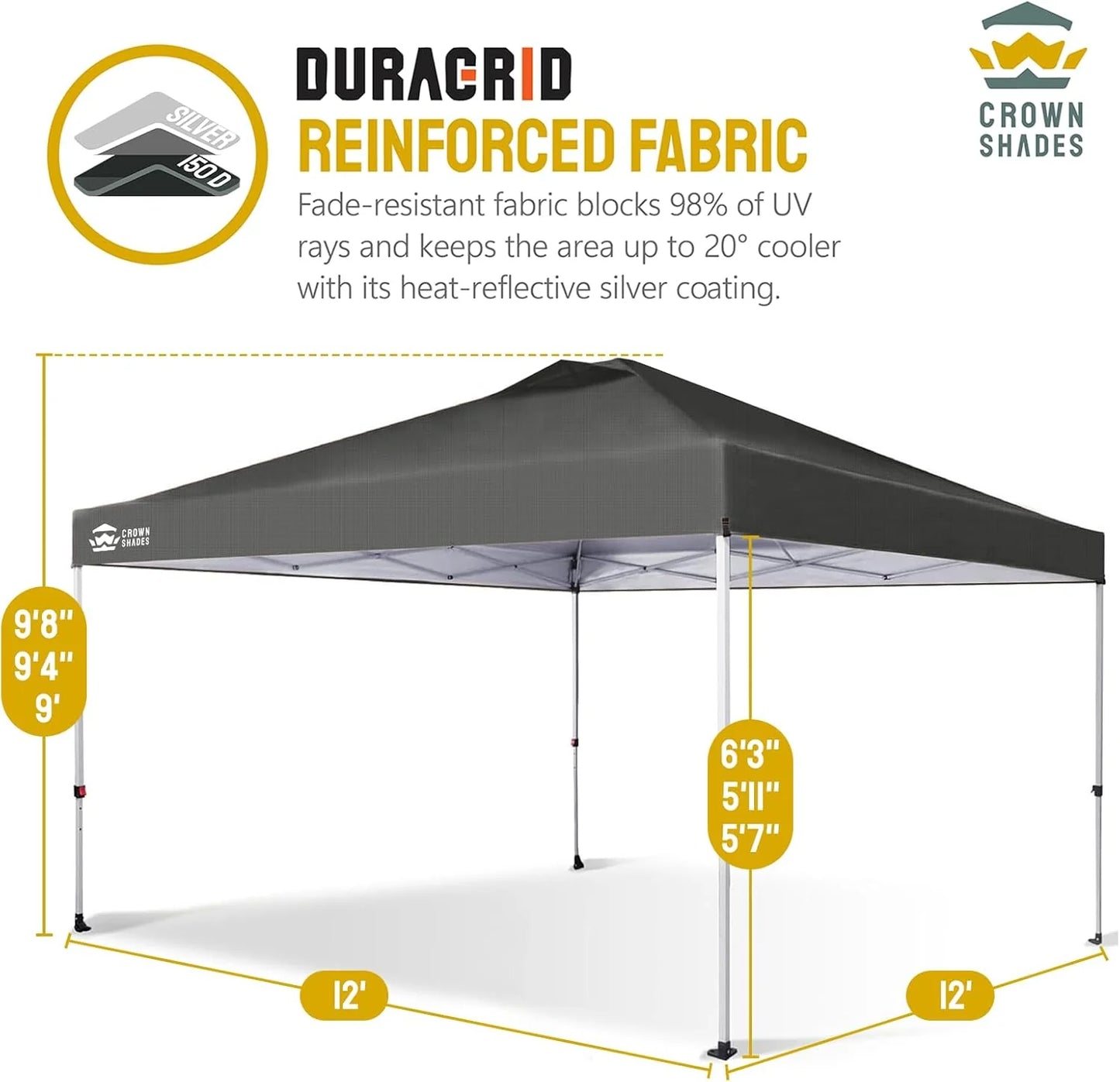 10x10 Pop-Up Awning - One-Click Installation Beach Tent - Outdoor Sunshade Silver Coated Top, 3 Heights and 4 Sand Pockets