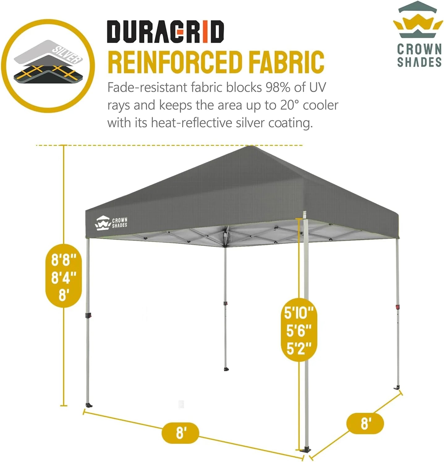 10x10 Pop-Up Awning - One-Click Installation Beach Tent - Outdoor Sunshade Silver Coated Top, 3 Heights and 4 Sand Pockets