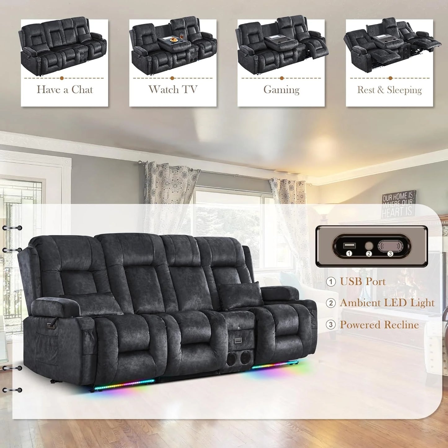 TUNYI Power Loveseat Recliner Sofa with Massage & Heat Home Theater Seating with Console Electric Recliner RV Sofa with USB/Outlet/Storage/Side Pocket/LED Light/Speaker (Brown, Loveseat)