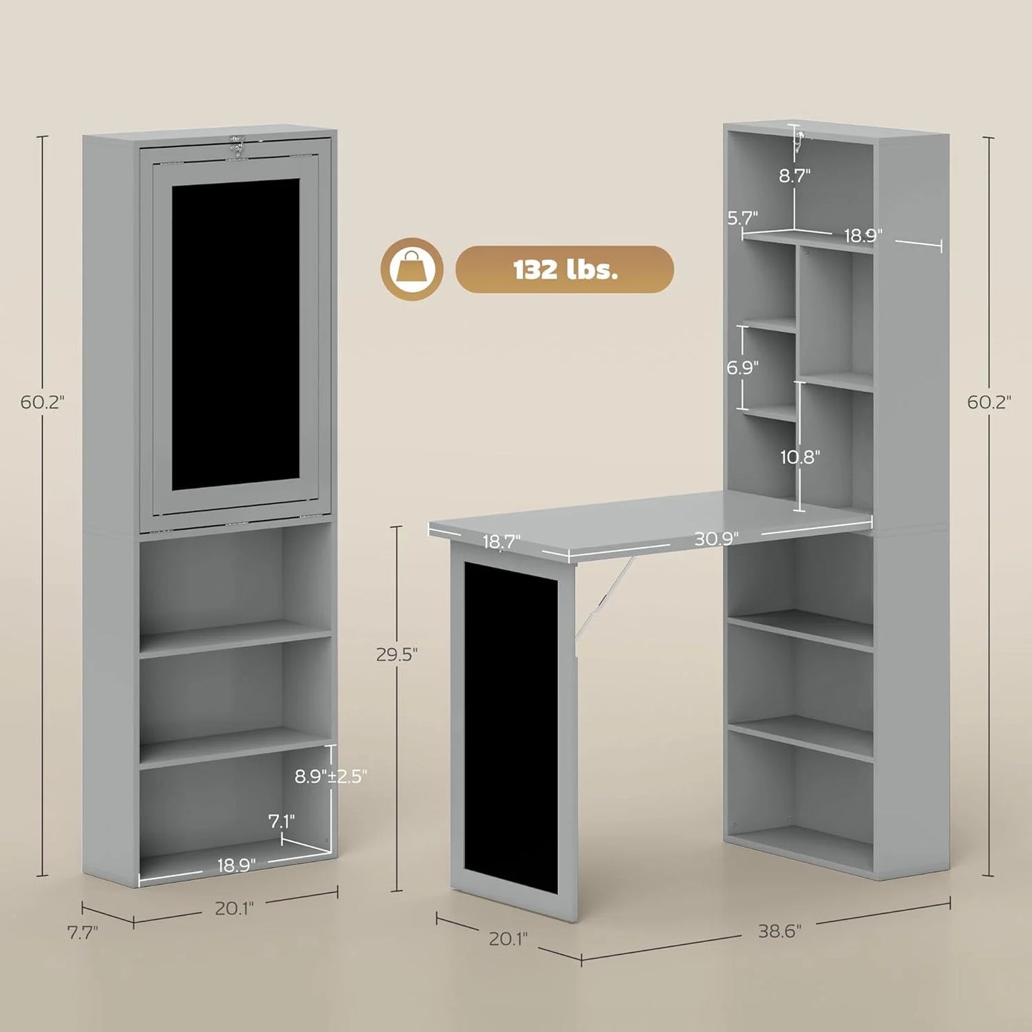 Folding convertible writing desk, wall mounted desk cabinet, multifunctional home office workstation