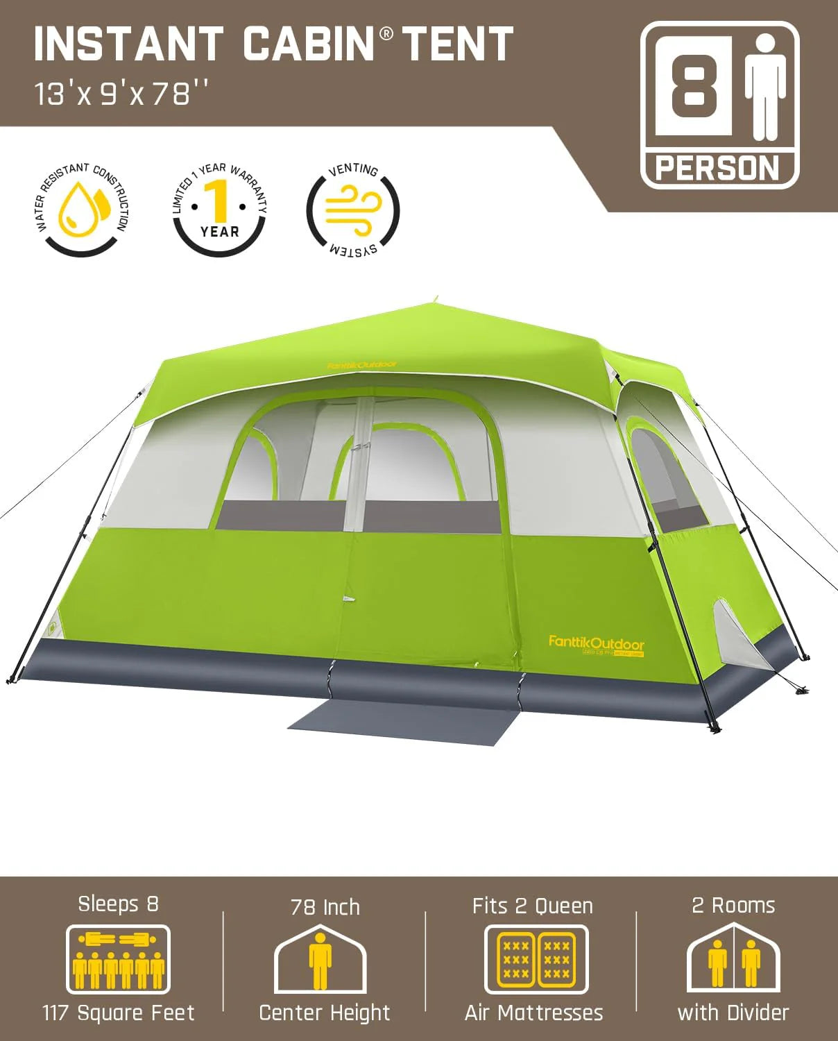 Portable camping tent for 4/6/8/10 people with instant cabin and rainproof and windproof