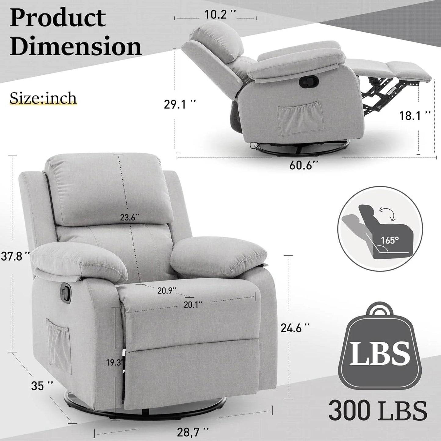 Reclining rocking chair 360 degree rotating fabric sliding reclining chair