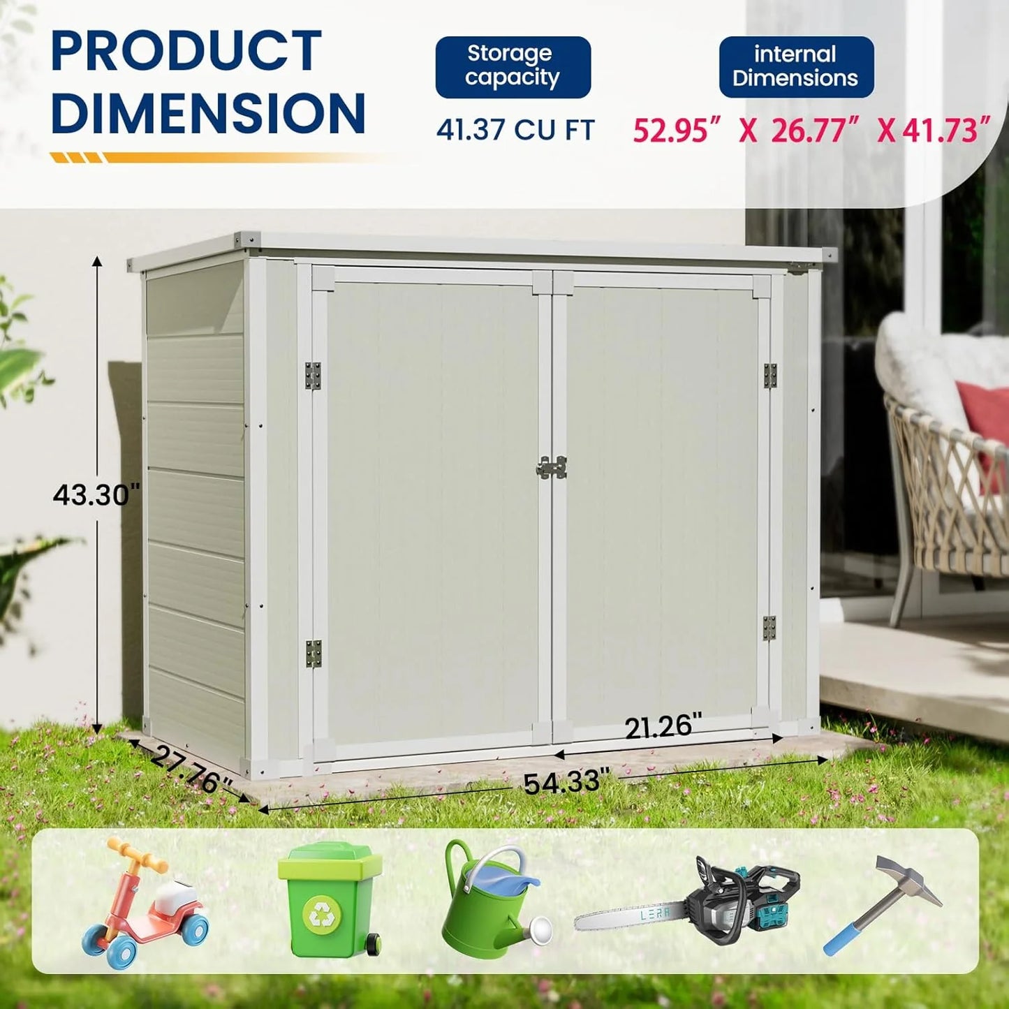Amopatio 41 Cu Ft Horizontal Outdoor Storage Shed, Resin Trash Can Storage,Resin Shed for Garden Tools, Lawn Mowers, Garbage Cans, Patio Use