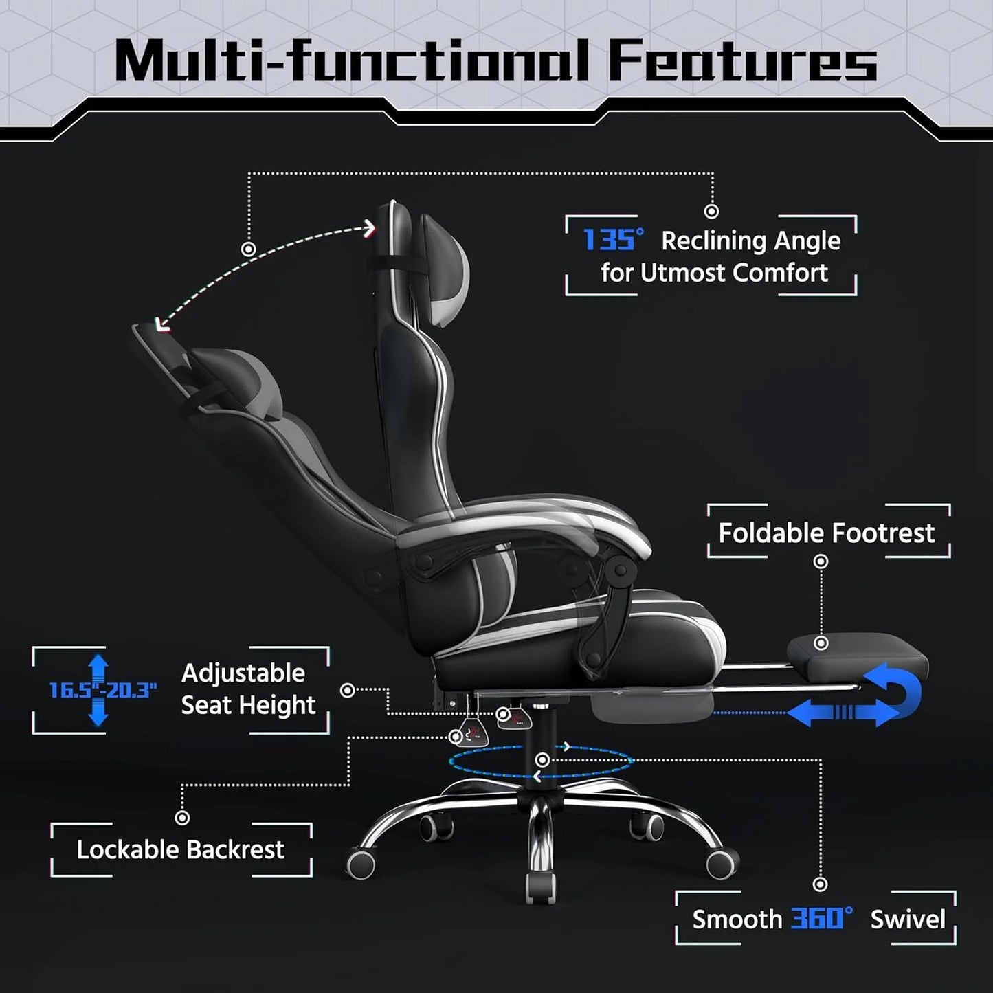 Gaming Chair with Massage Lumbar Support and Footrest Height Office Gaming Chair