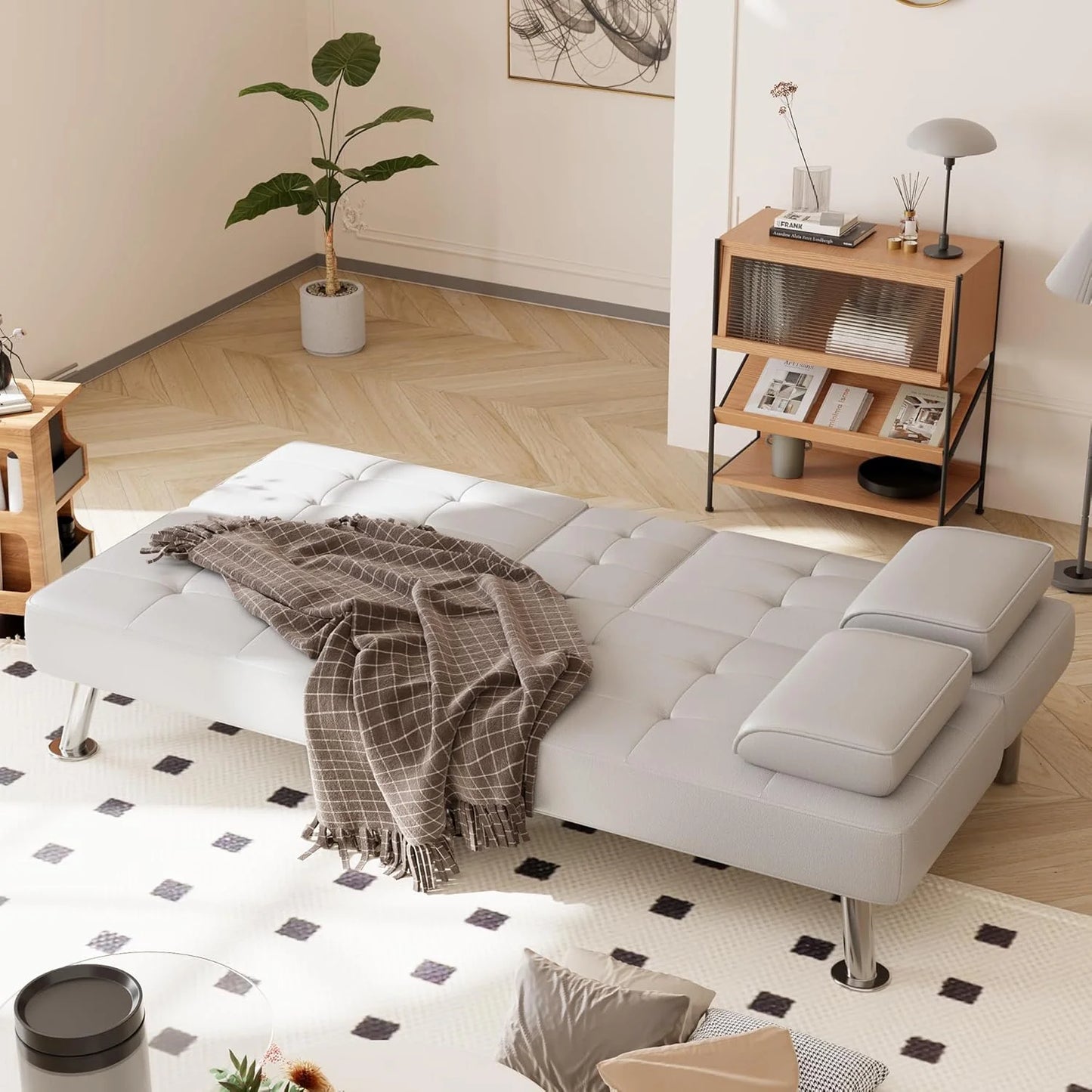 Shahoo Convertible Folding Futon Sofa Bed Sleeper Couch for Living Room Faux Leather Upholstered Loveseat w/Removable Armrests, Metal Legs, 2 Cup Holders, Black