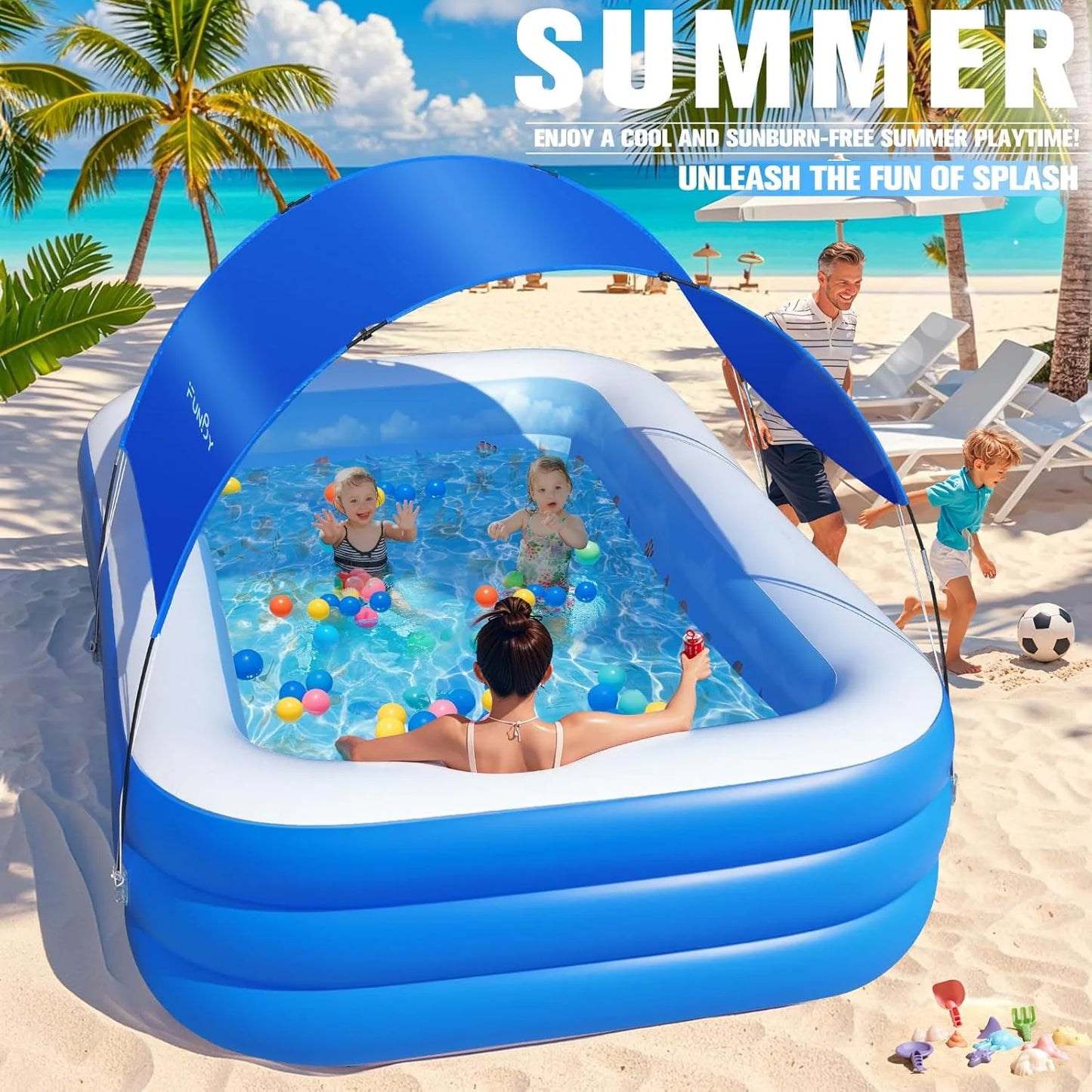 Inflatable Pool with Canopy,Upgraded Inflatable Swimming Pool for Kids,Adult,Large Inflatable Blow up Pools,Ocean Theme Oversized Thickened 105"x75"x25"Inflatable Family Pools for Backyard-Blue