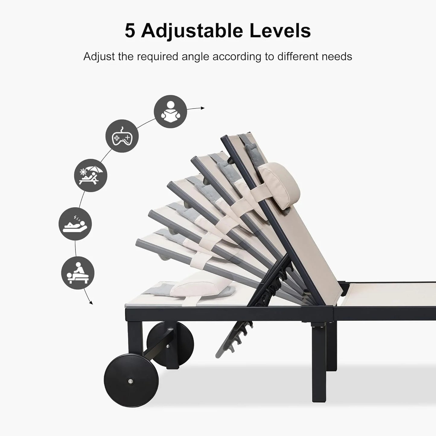 PURPLE LEAF Patio Tanning Lounge Chair Set with Face Down Hole Outdoor Aluminum Adjustable Reclining Chairs Wheels Pillows and Table for Poolside Beach Sunbathing Lounger, Beige