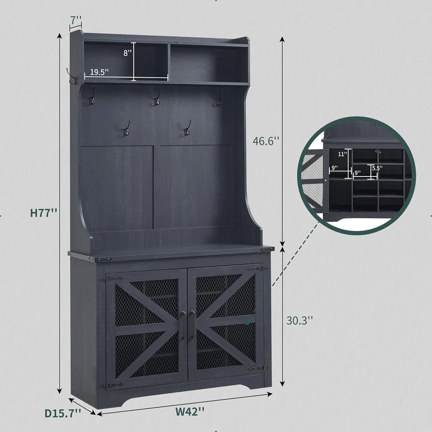 JXQTLINGMU 59-inch Farmhouse Foyer Tree with Shoe Storage, Entryway Bench Foyer Coat Rack Cabinet