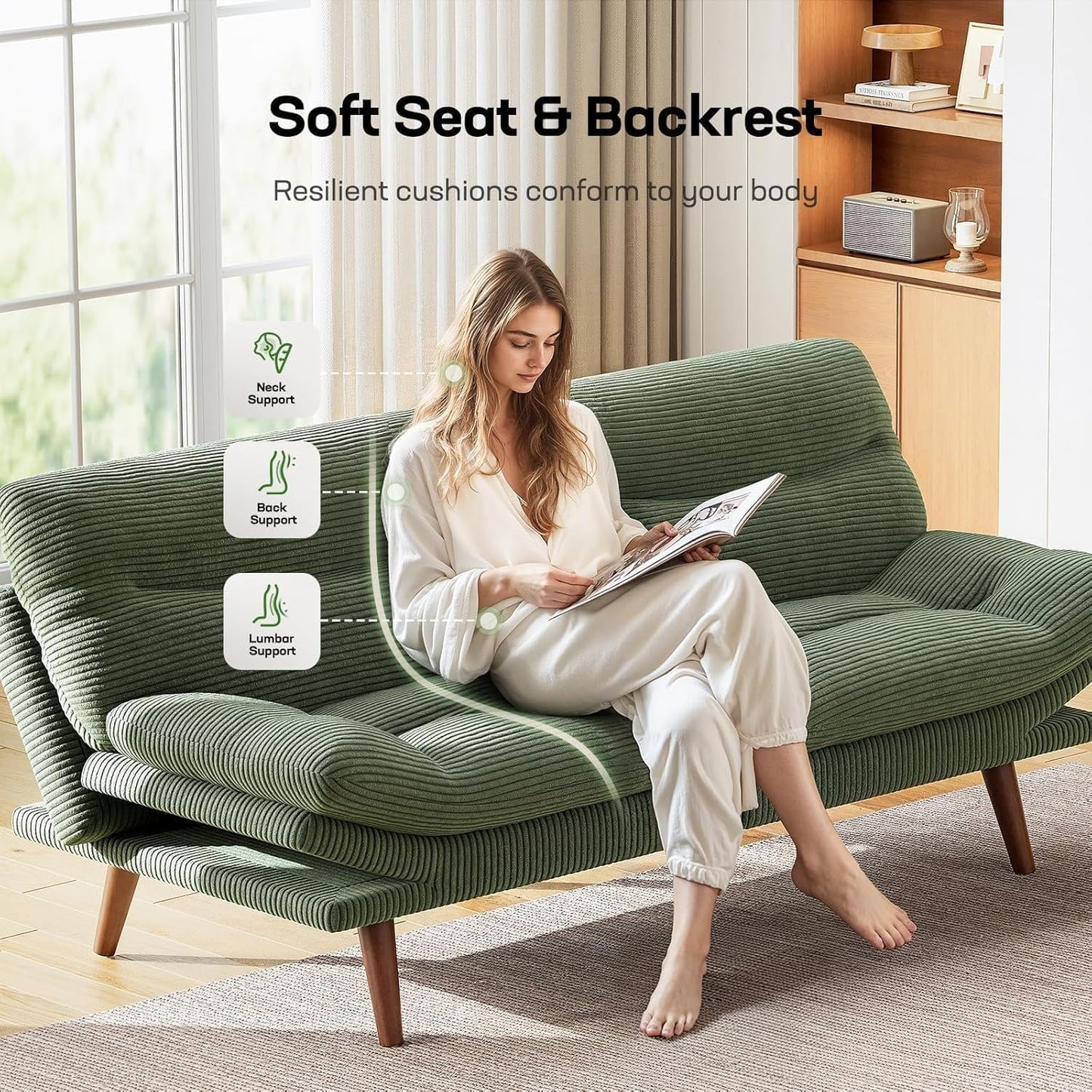 Futon Sofa Bed, Futon Sofa with Adjustable Back and Armrests, Converts to Small Sleeper Sofa Bed Corduroy Loveseat Green