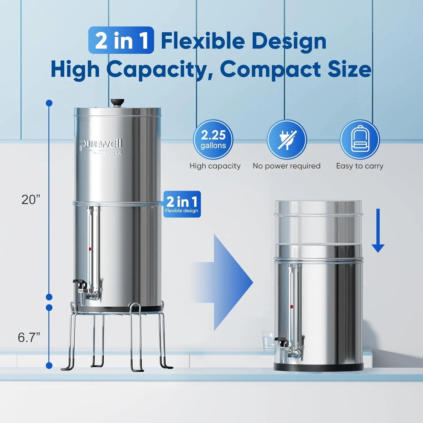Purewell three-stage 0.01μm ultrafiltration gravity water filtration system 304
