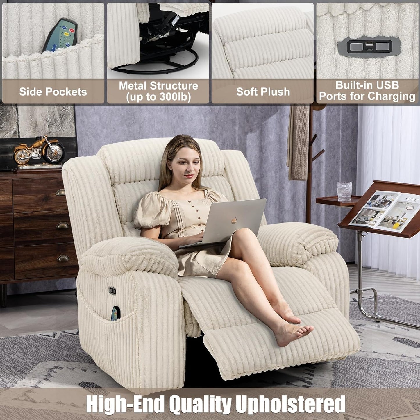 Electric rotary rocker lounge chair for adults with massage and calories, USB and C charging ports