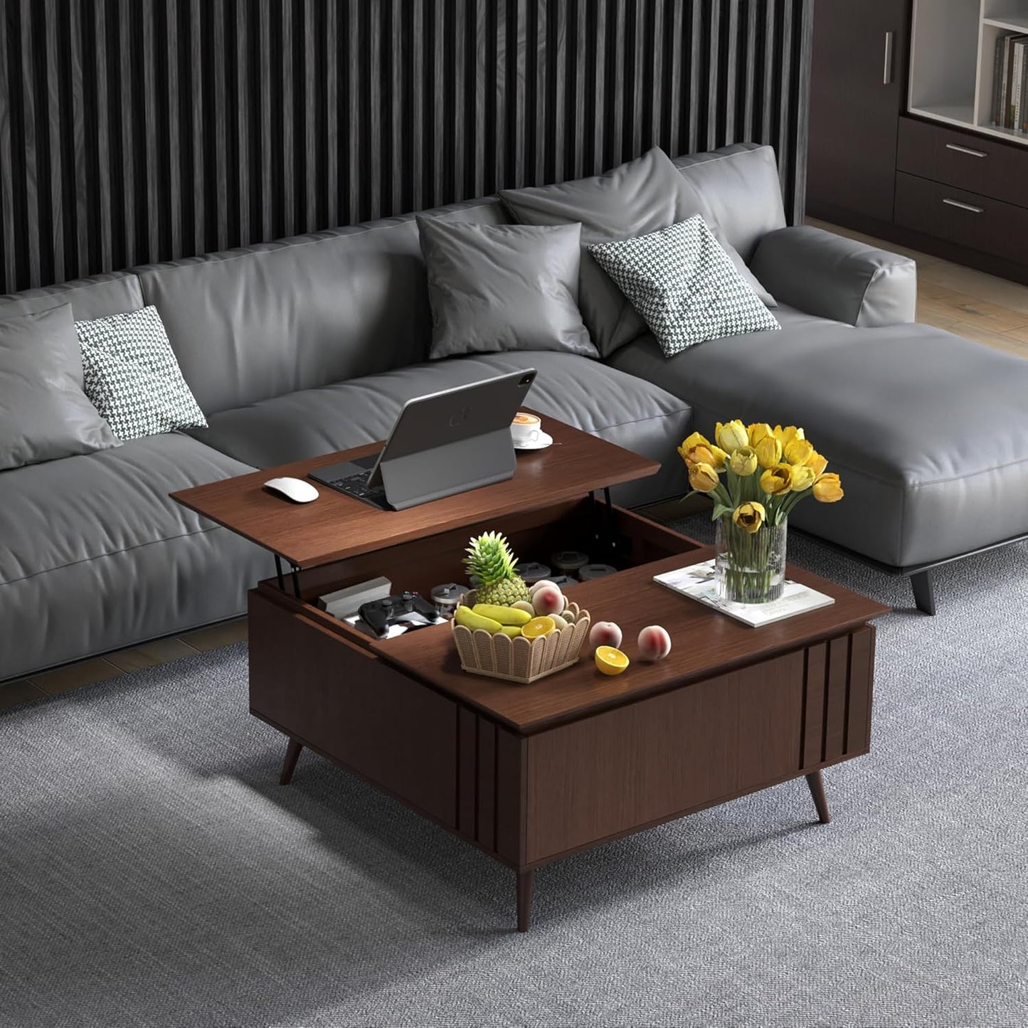 Round Coffee Table with Storage,Fluted Center Table with Sliding Cabinet Door for Living Room,Home Small Space,31.5" Small Center Table,Walnut