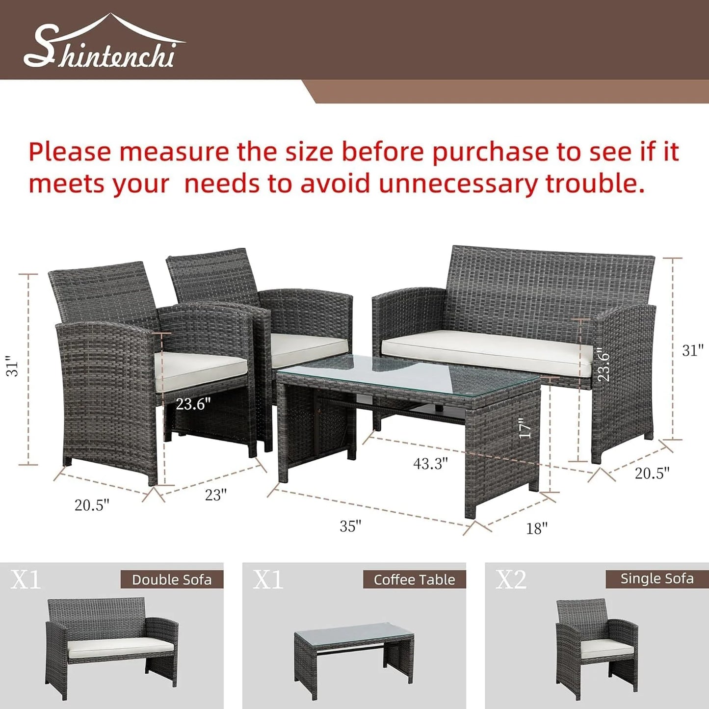 Shintenchi 4 Piece Patio Ratten Set Outdoor Furniture Set Wicker Conversation Set