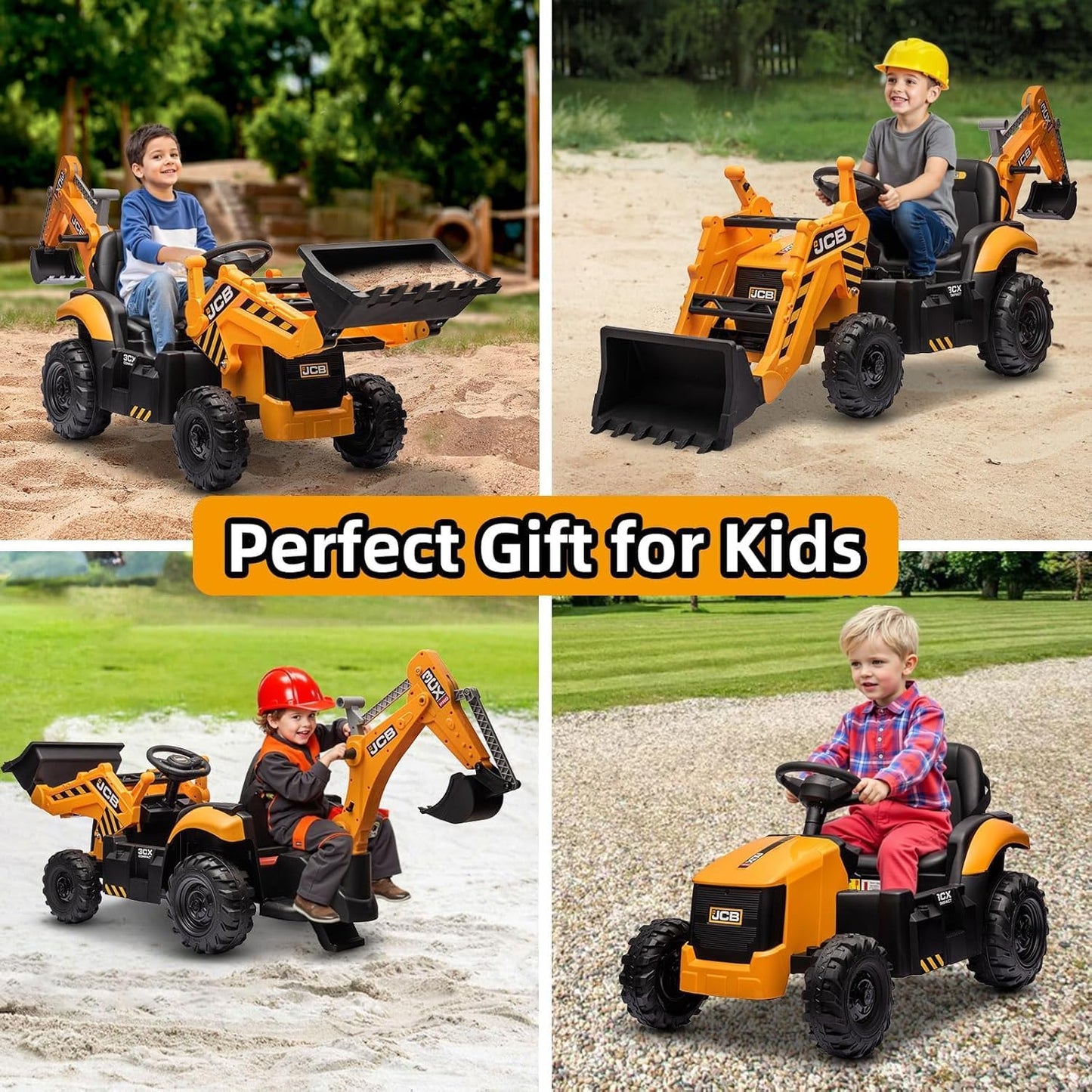 12V JCB Ride On Excavator, Ride on Toys for Kids 4-8, Electric Car for Kids with Tractor, Bulldozer, Digging Arm, Backhoe Toy Car with Slow Start/Stop, Adjustable Speeds