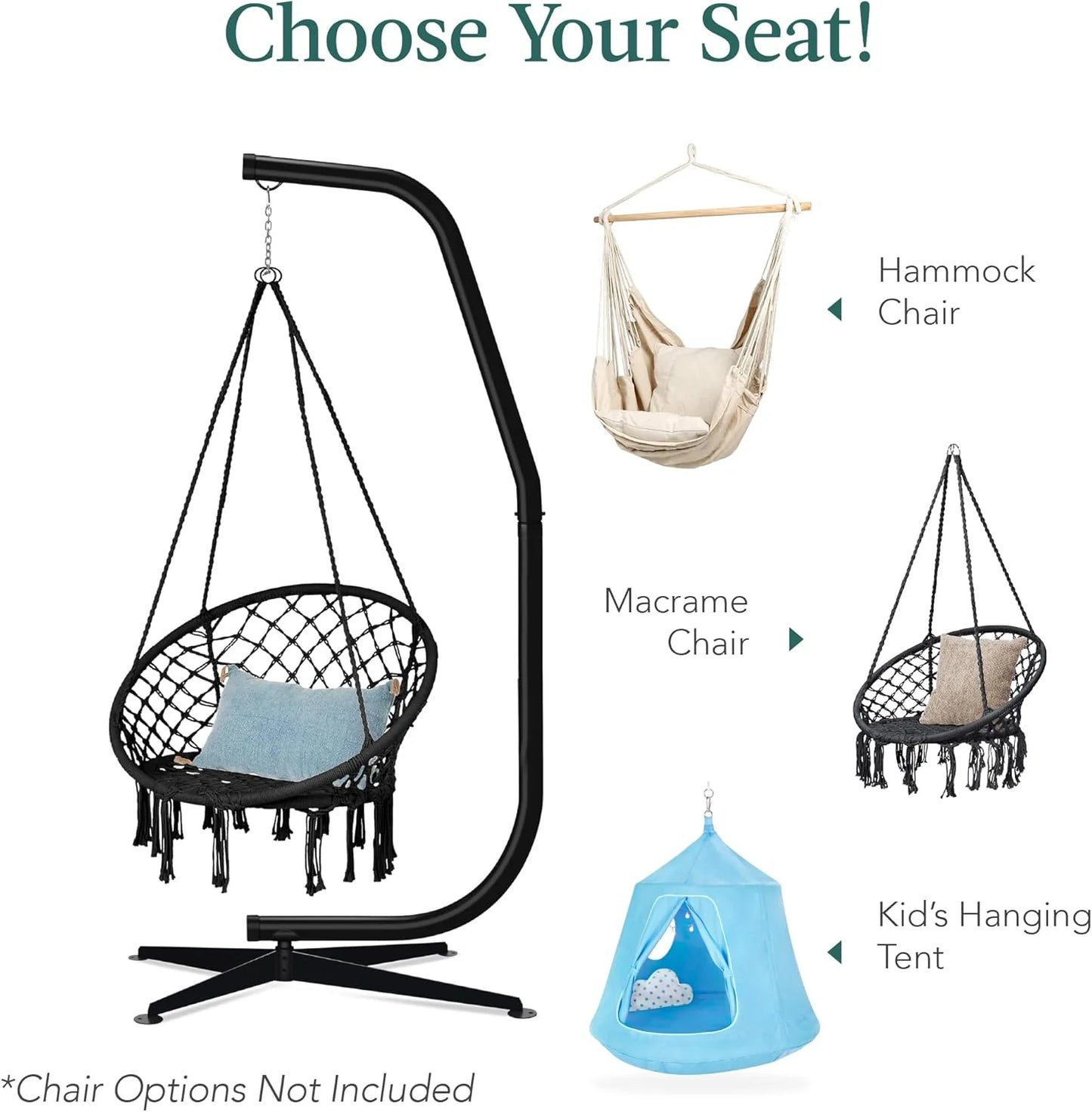 Best Choice Products Metal Hanging Hammock C-Stand for Chair/Weather-Resistant Finish, Offset Base - Stand Only - Black