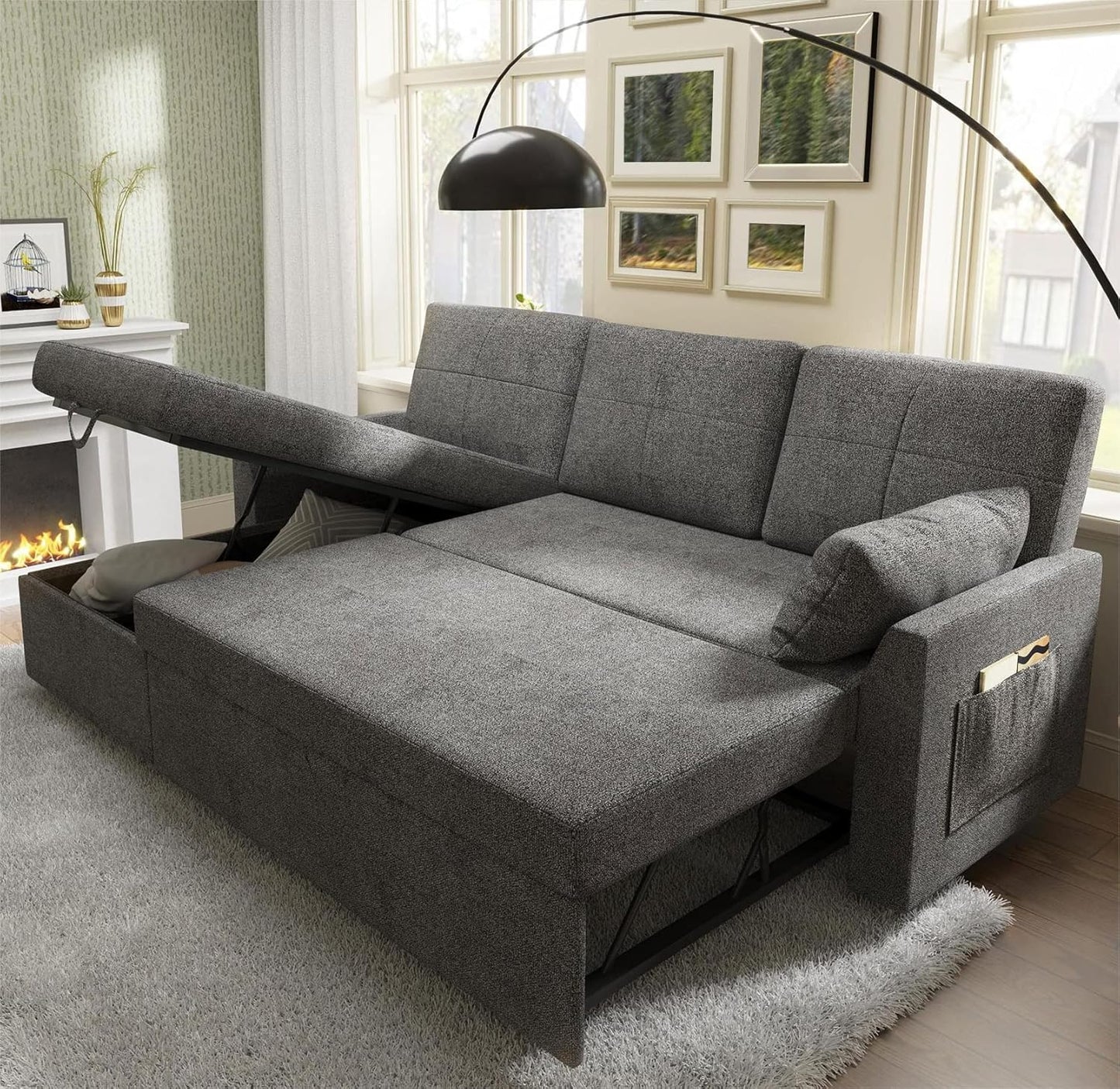 VanAcc Sofa Bed, Sleeper Sofa with Storage Chaise- 2 in 1 Pull Out Couch Living Room, Comfy Sleeper Couch