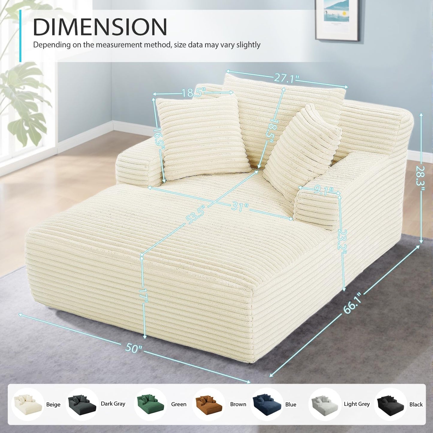 50-inch indoor recliner, oversized corduroy upholstered boneless sofa bed, deep sleeper sofa reading chair, cloud sofa, living room sofa