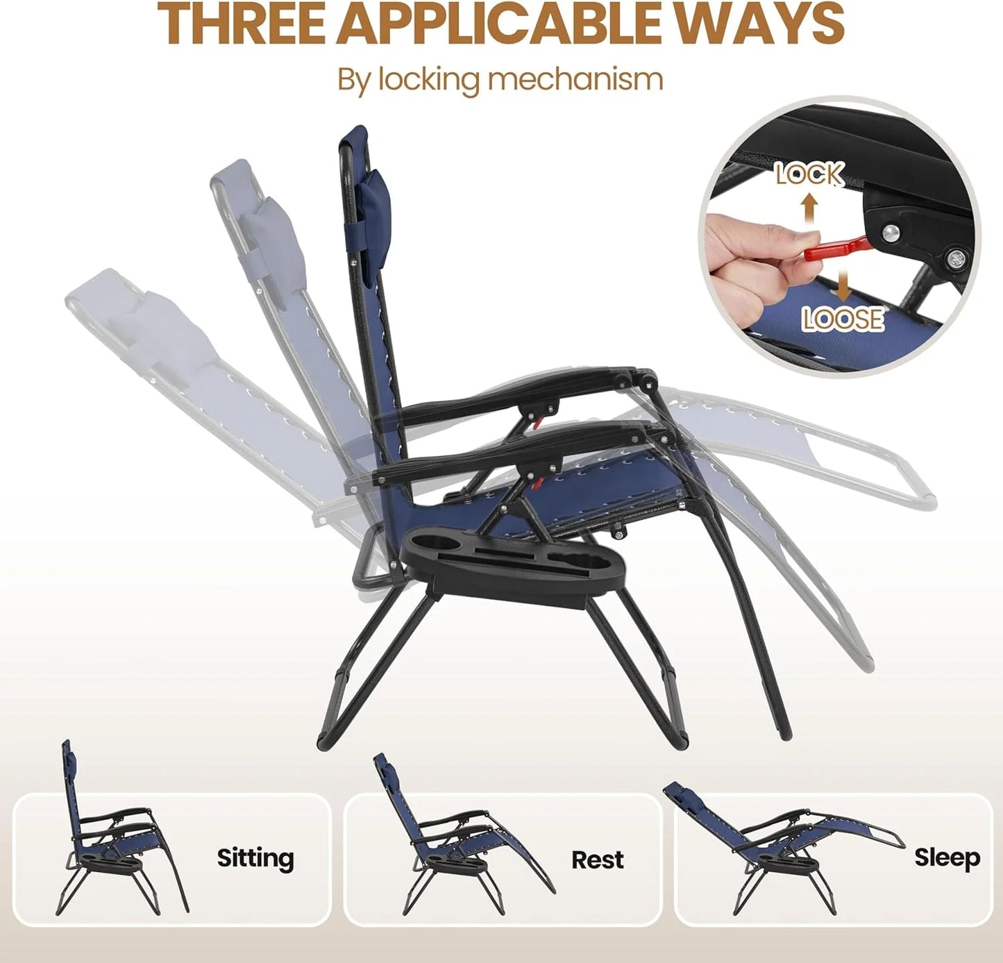 3PCS Zero Gravity Recliner Portable Outdoor Reclining Chair Set w/Side Table Folding Chaise Lounge Chairs