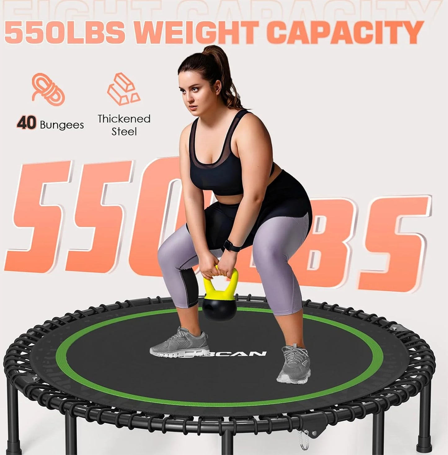BCAN 450/550 LBS Foldable Mini Trampoline, 40"/48" Fitness Trampoline with Bungees, U Shape Adjustable Foam Handle, Stable & Quiet Exercise Rebounder for Adults Indoor/Outdoor Workout