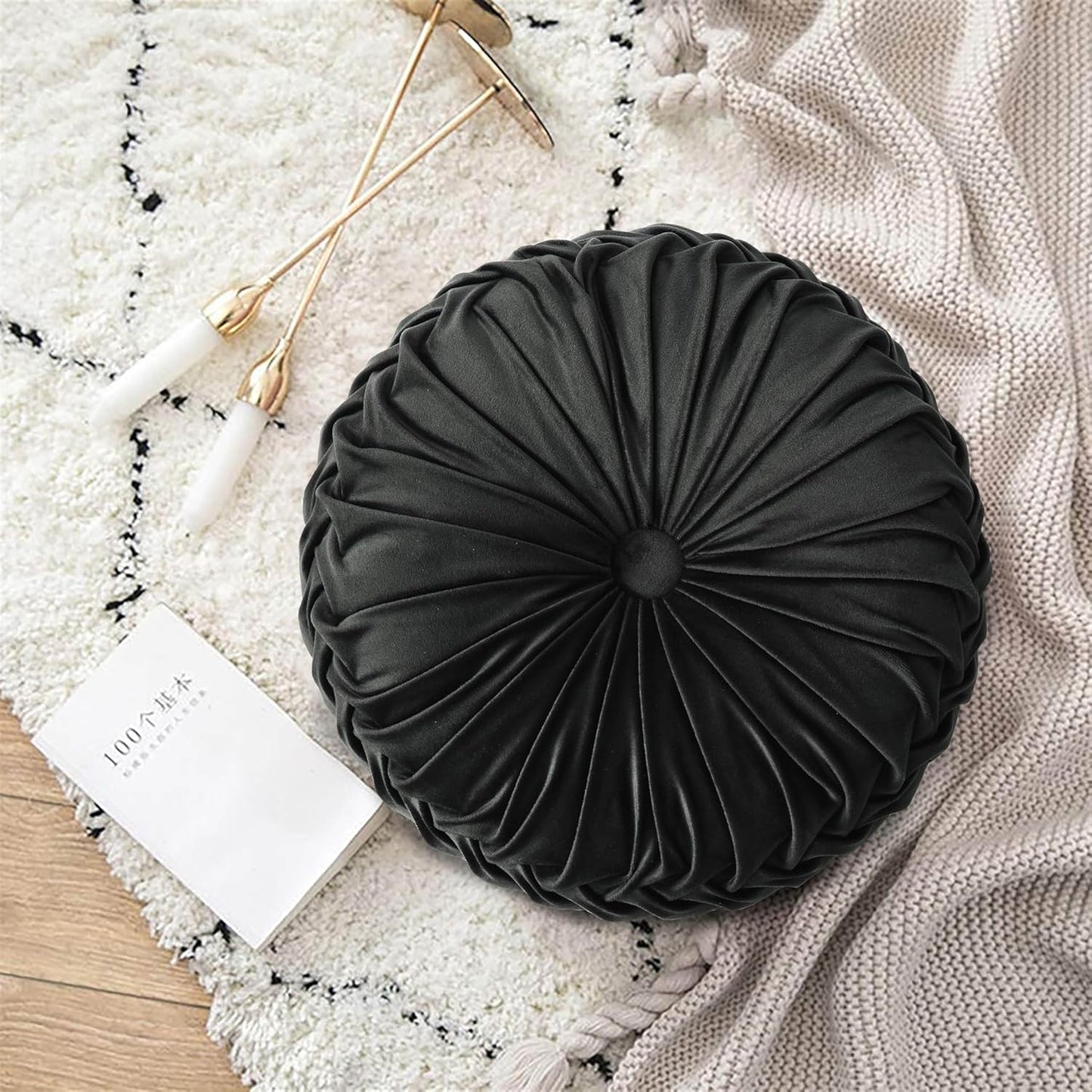 Set of 2 Decorative Round Pleated Throw Pillows