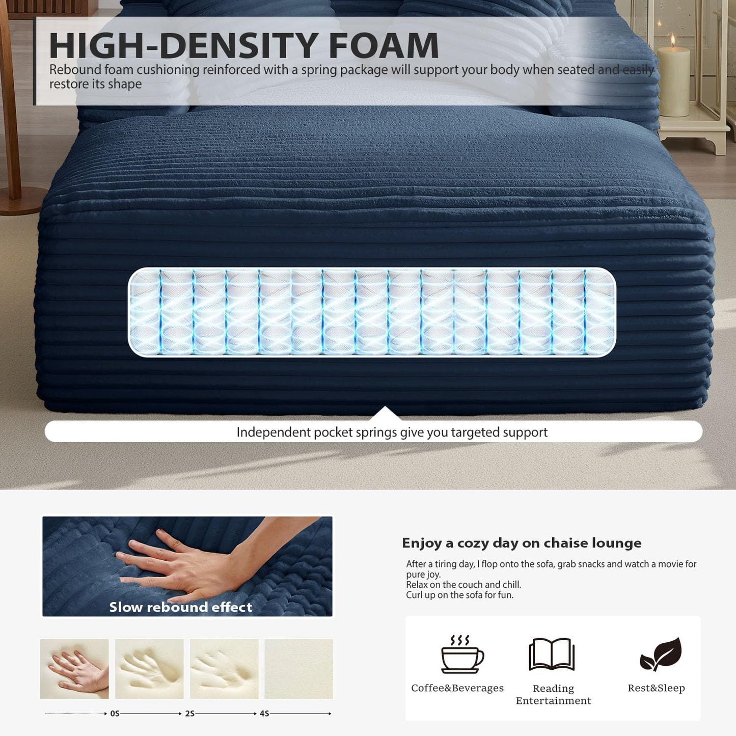 50-inch indoor recliner, oversized corduroy upholstered boneless sofa bed, deep sleeper sofa reading chair, cloud sofa, living room sofa