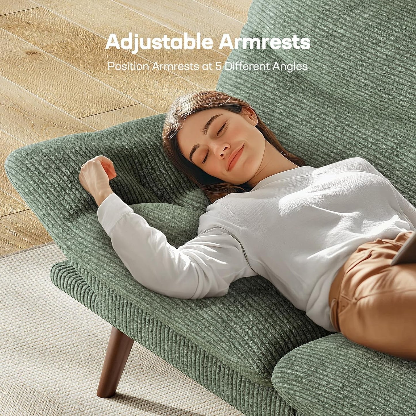 Futon Sofa Bed, Futon Sofa with Adjustable Back and Armrests, Converts to Small Sleeper Sofa Bed Corduroy Loveseat Green