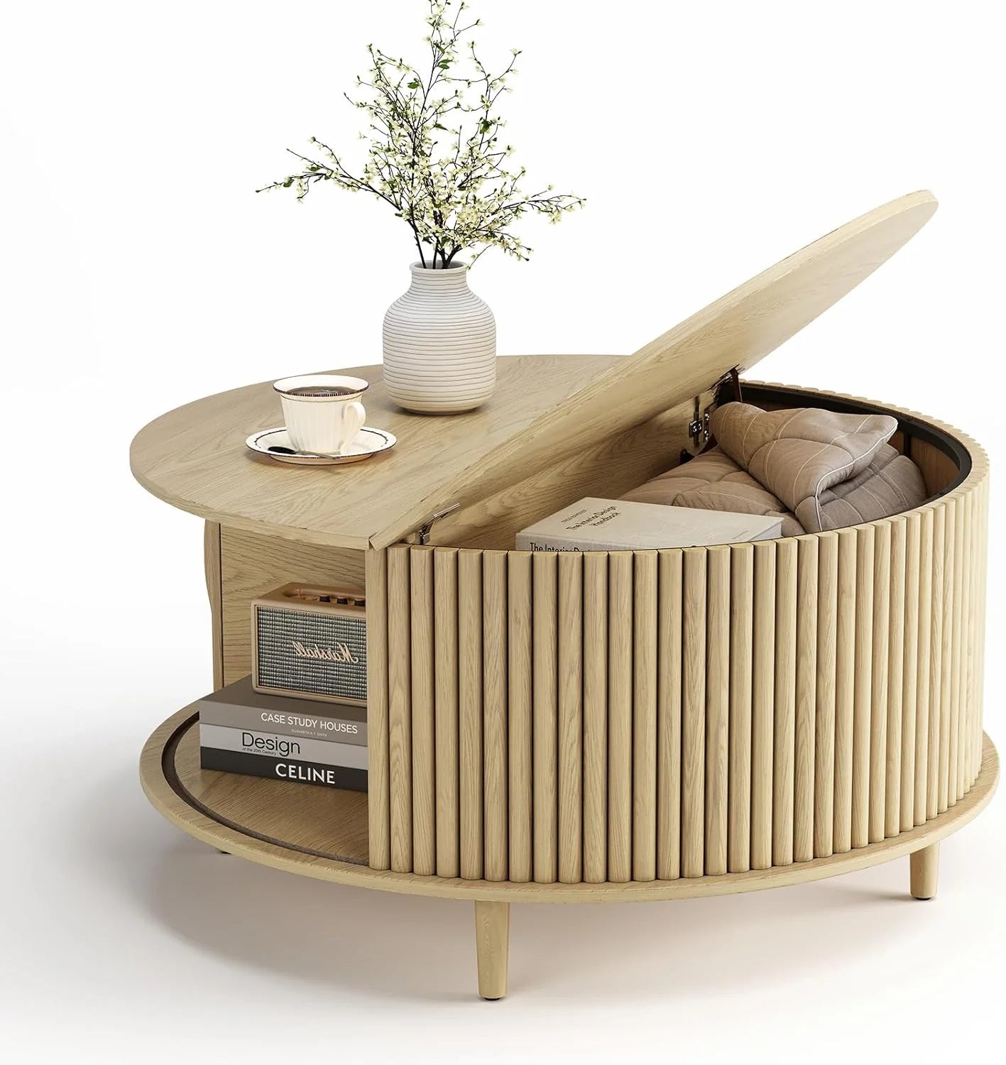 Round Coffee Table with Storage,Fluted Center Table with Sliding Cabinet Door for Living Room,Home Small Space,31.5" Small Center Table,Walnut