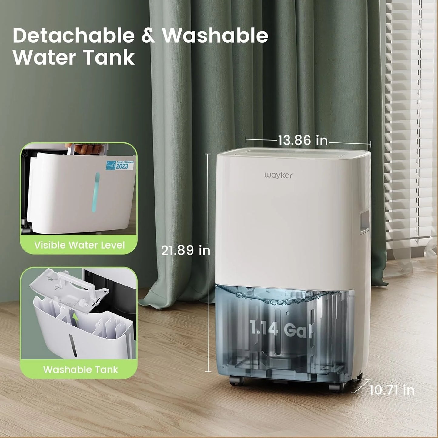 Waykar 2000 Sq. Ft Dehumidifier for Home and Basements, with Auto or Manual Drainage, 0.66 Gallon Water Tank Capacity