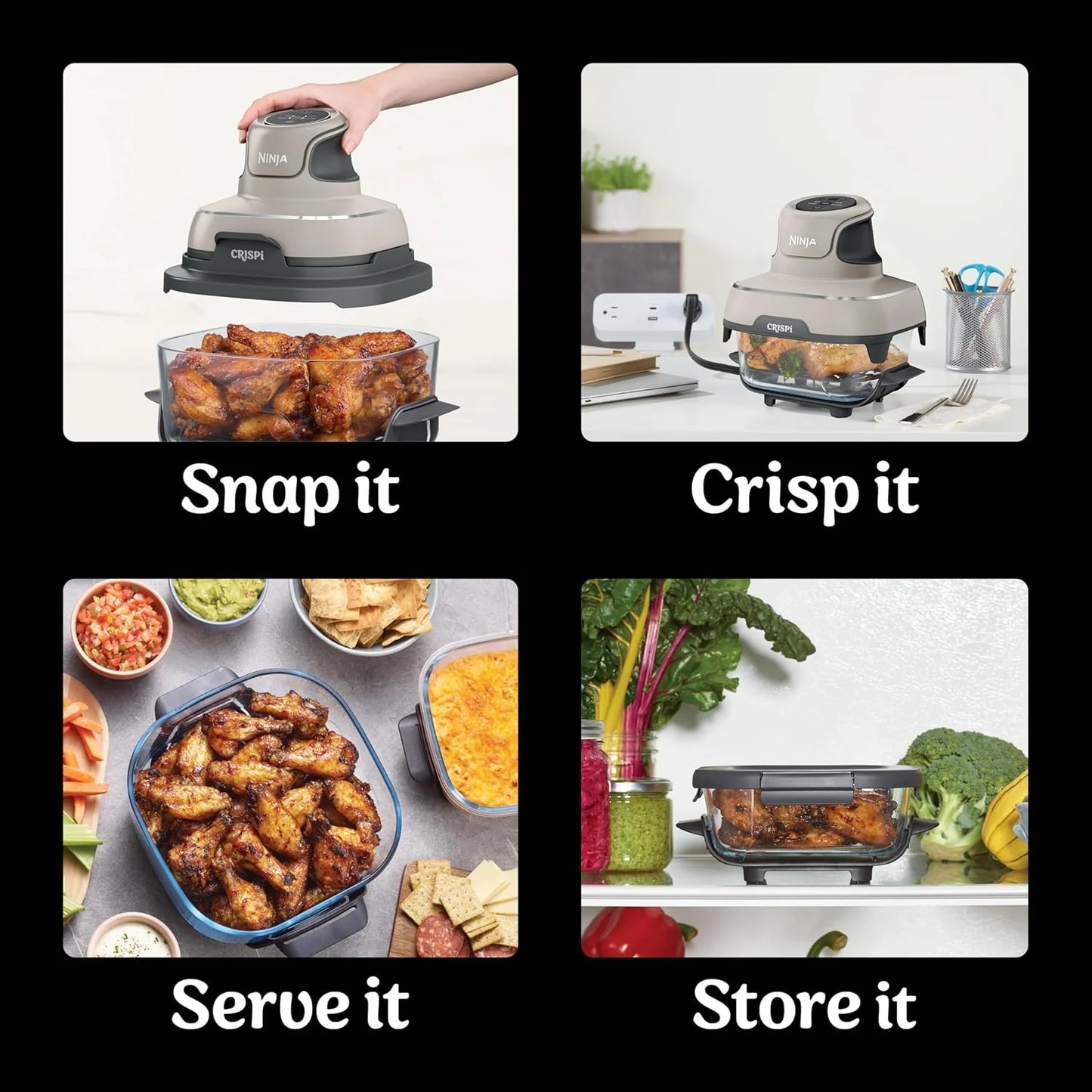 Ninja Crispi 4-in-1 Portable Glass Air Fryer Cooking System, 1500W, 4QT & 6-Cup TempWare Glass Containers with Storage Lids, Microwave, Freezer & Dishwasher Safe