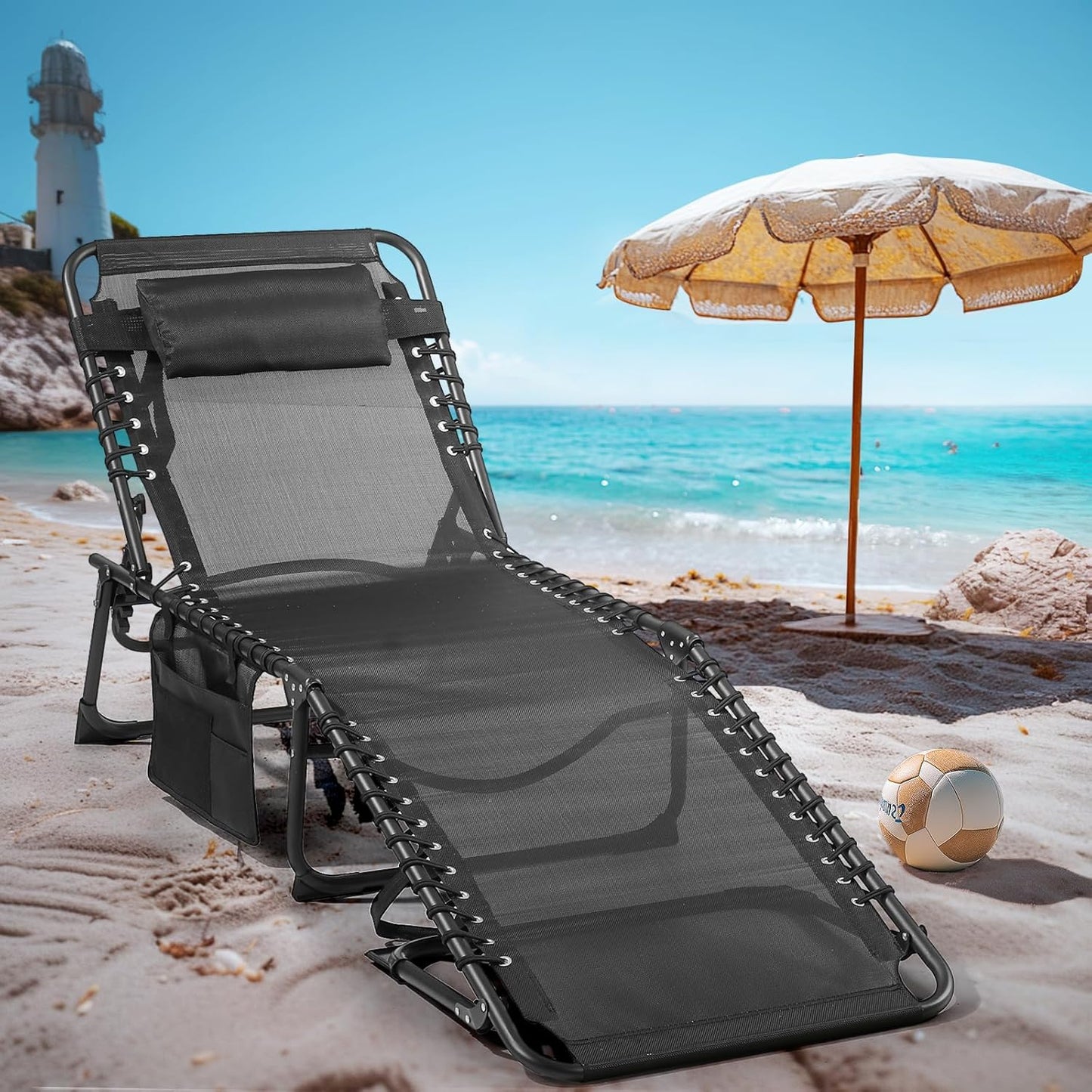 Unovivy Outdoor Chaise Lounge Chairs Set of 2, Portable Folding Pool Lounge Chair with 5-Position Reclining Back, Teslin Tanning Chair for Pool, Beach, Patio, Sunbathing