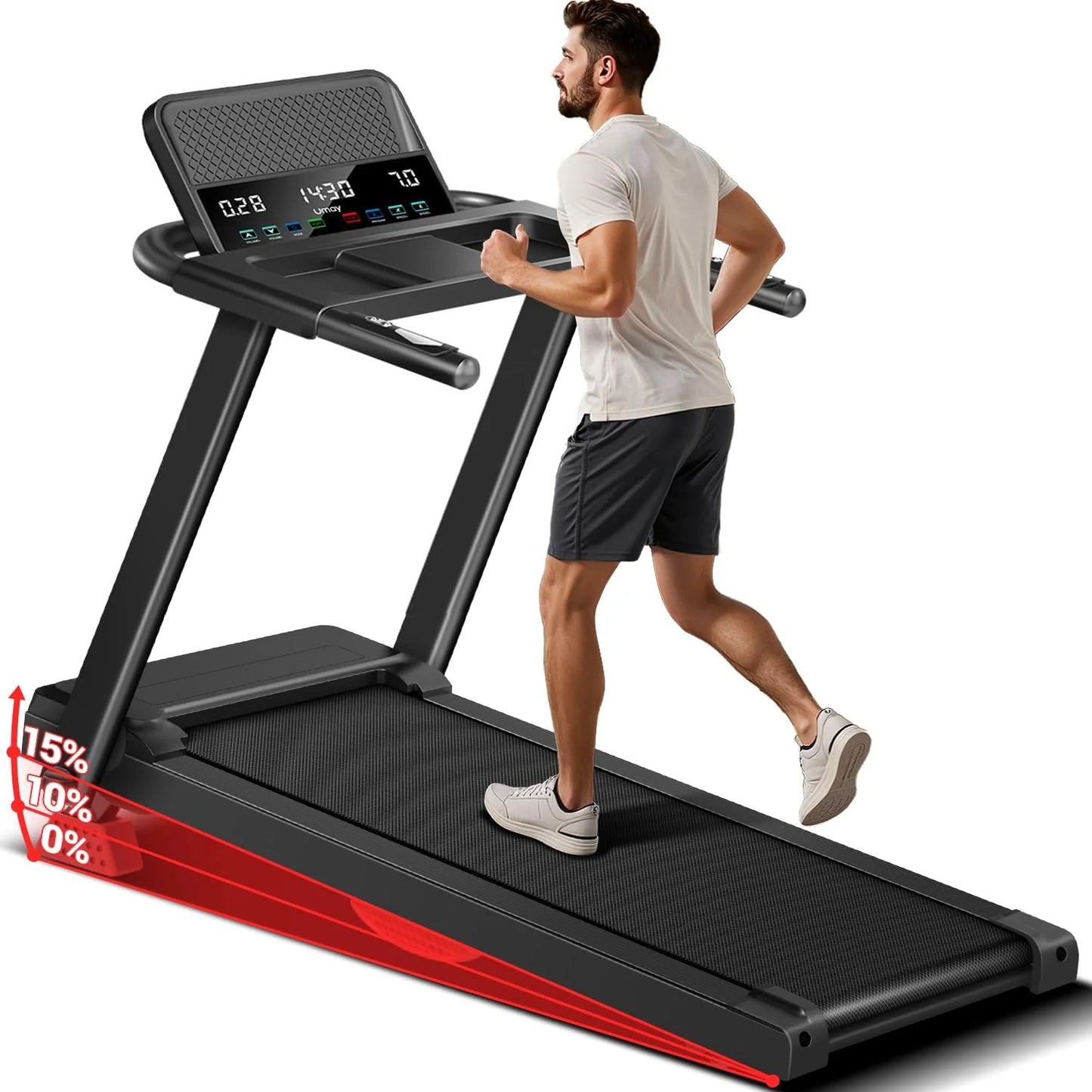 Home Treadmill, 15% Incline Treadmill, 3.0 hp Quiet Brushless Dual Cushion System00lbs Weight Capacity