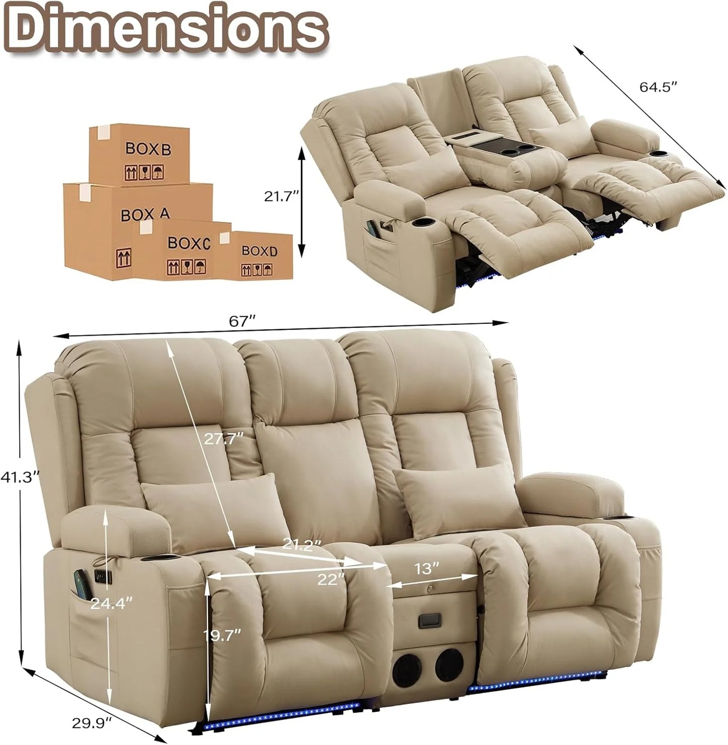 TUNYI Power Loveseat Recliner Sofa with Massage & Heat Home Theater Seating with Console Electric Recliner RV Sofa with USB/Outlet/Storage/Side Pocket/LED Light/Speaker (Brown, Loveseat)