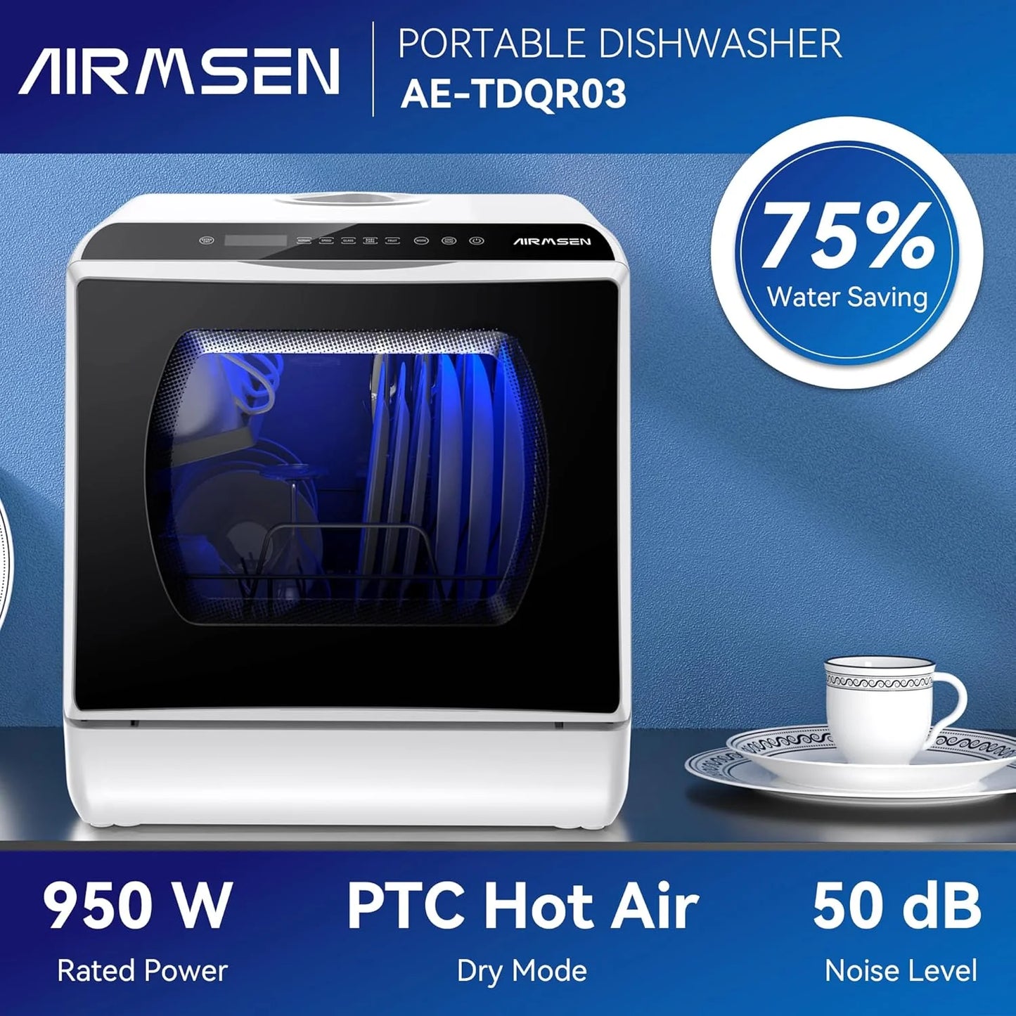 AIRMSEN portable tabletop dishwasher, 5 washing programs mini dishwasher