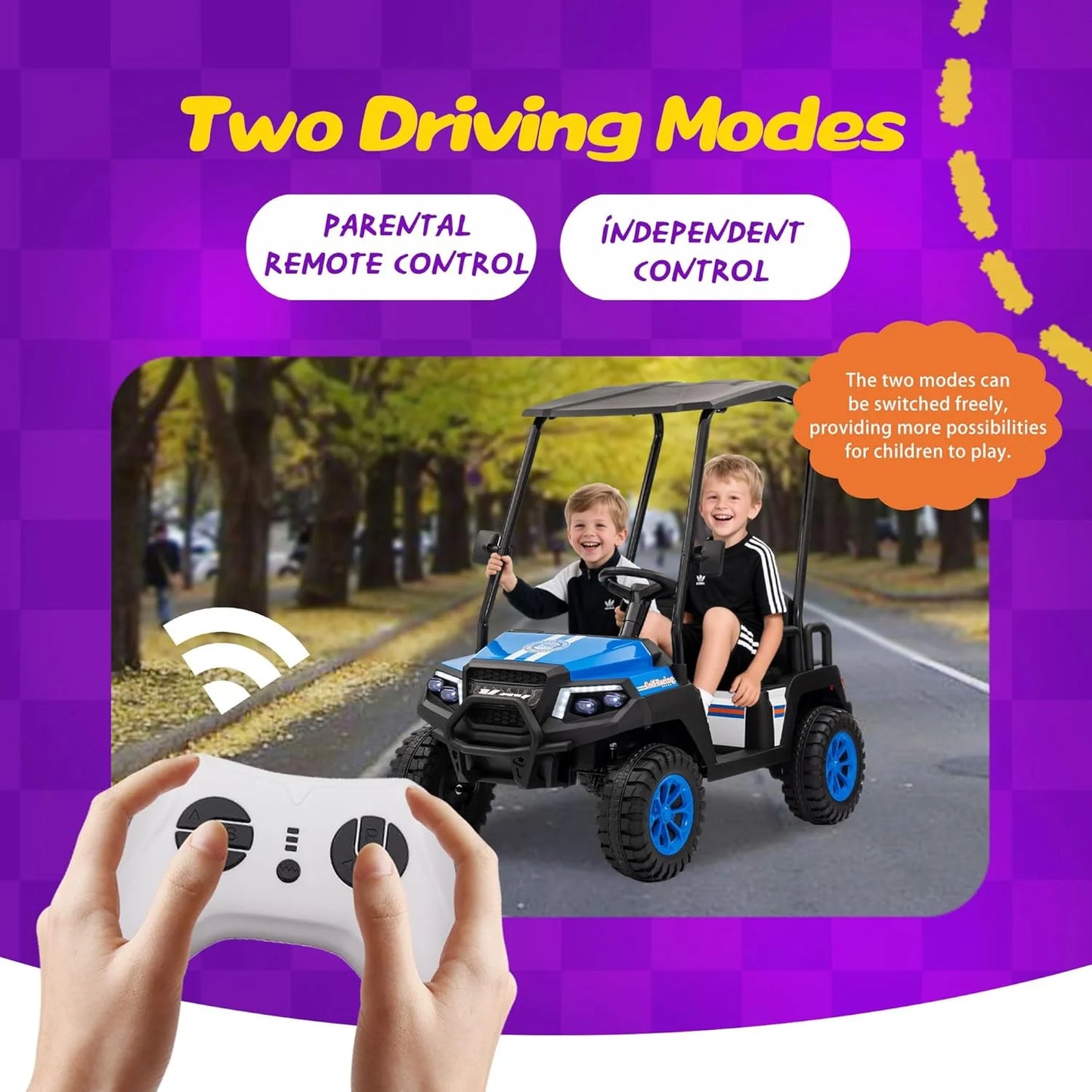 24V 7AH Children's Golf Cart with Remote Control, Removable Awning, 4-Wheel Spring Suspension