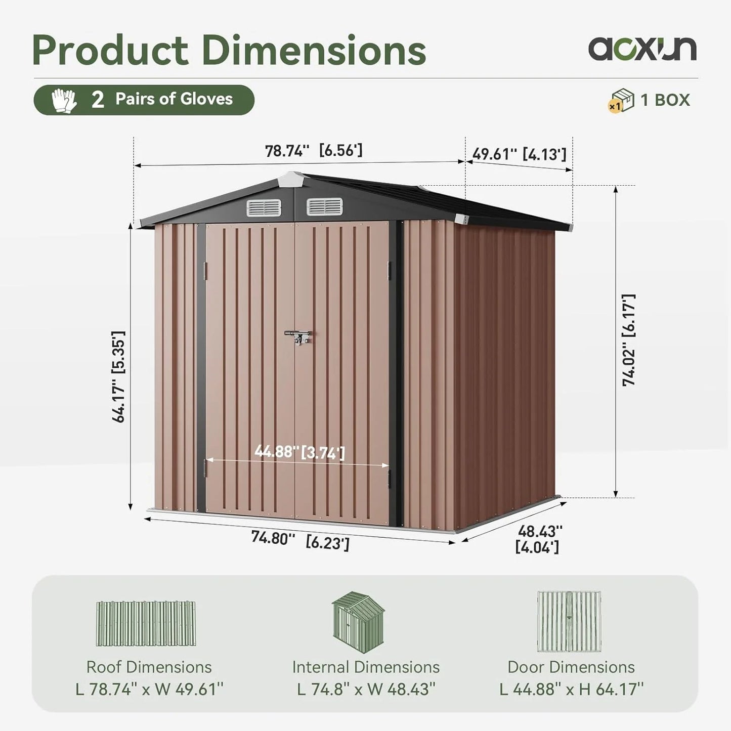 Aoxun 6.2x4 FT Shed Outdoor Storage Shed Metal Garden Shed with Lockable Doors & Slooping Roof Tool Shed Bike Shed for Backyard, Patio, Poolside (Brown)